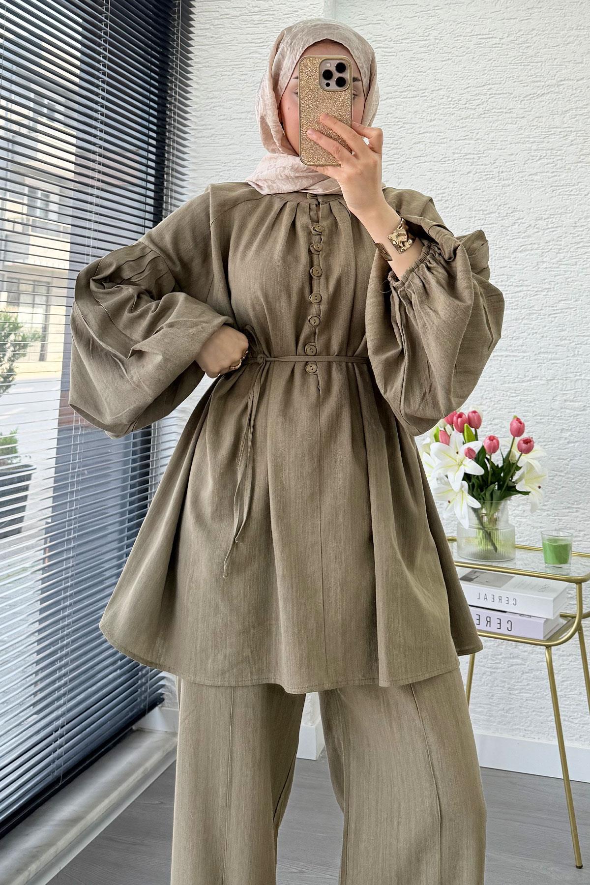 Oversize Birit Düğmeli Keten Pantolon Takım - Haki