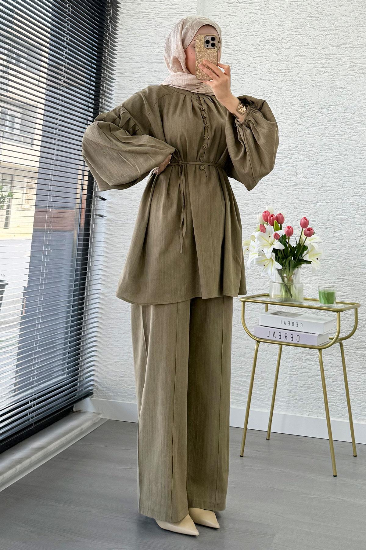 Oversize Birit Düğmeli Keten Pantolon Takım - Haki