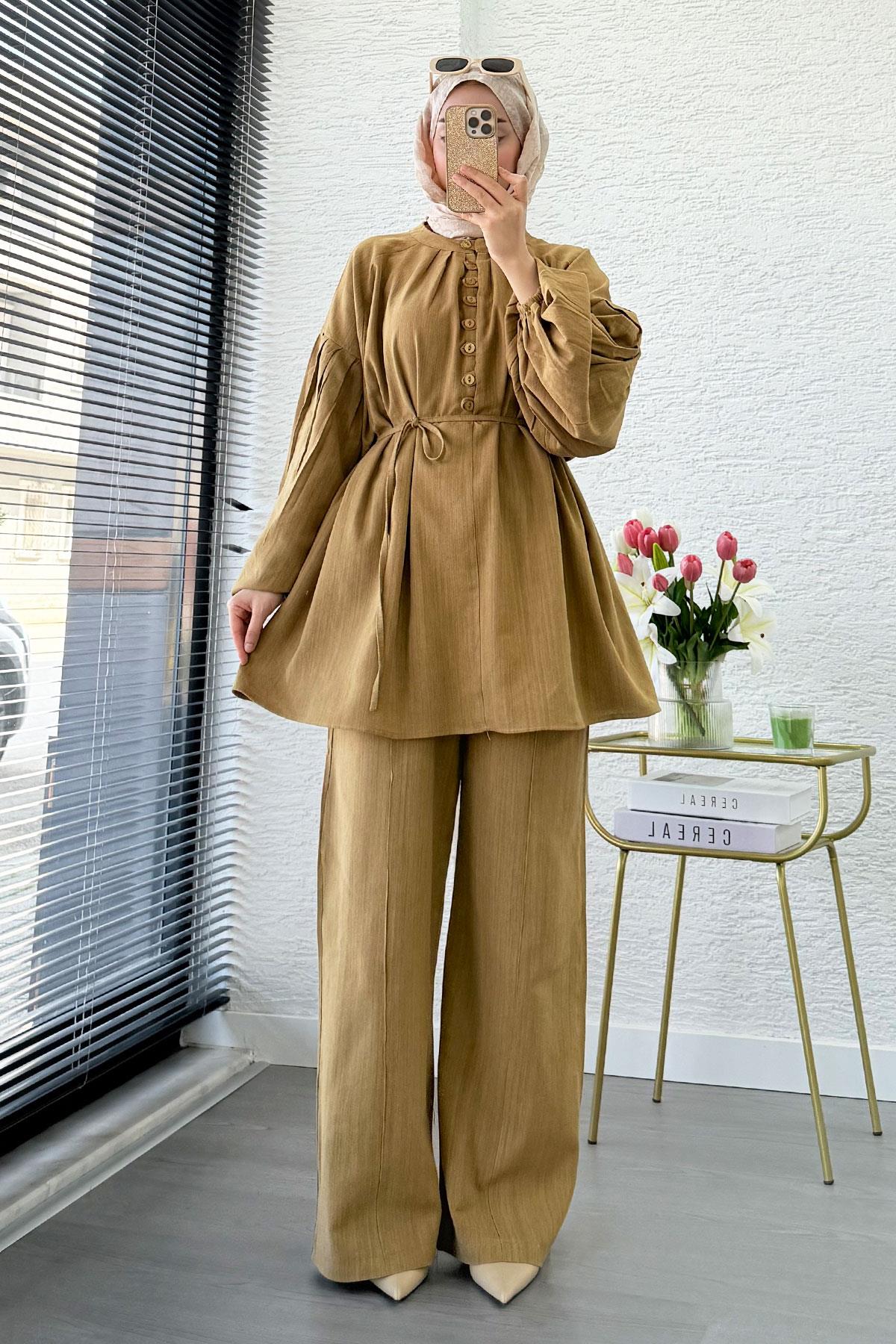 Oversize Birit Düğmeli Keten Pantolon Takım - Yağ Yeşili