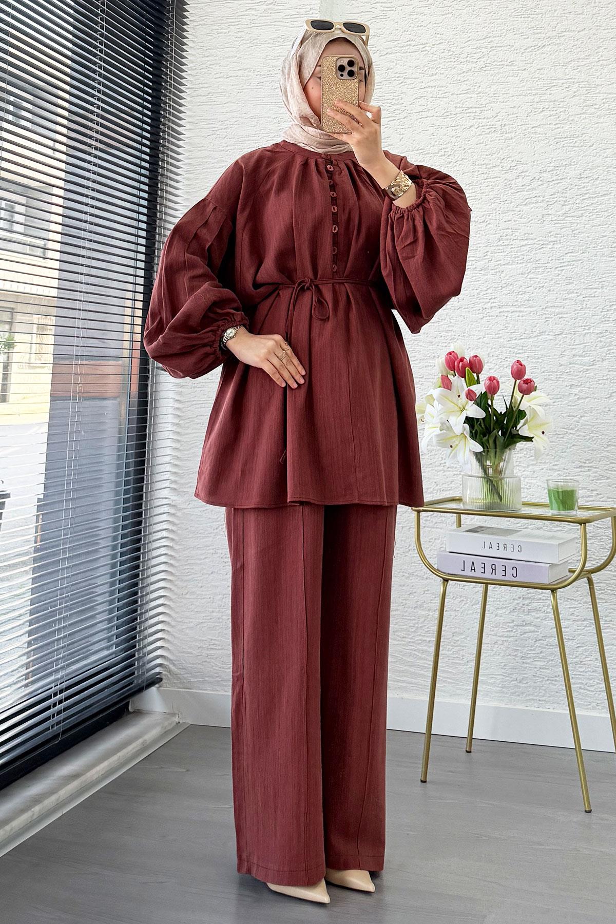 Oversize Birit Düğmeli Keten Pantolon Takım - Kiremit