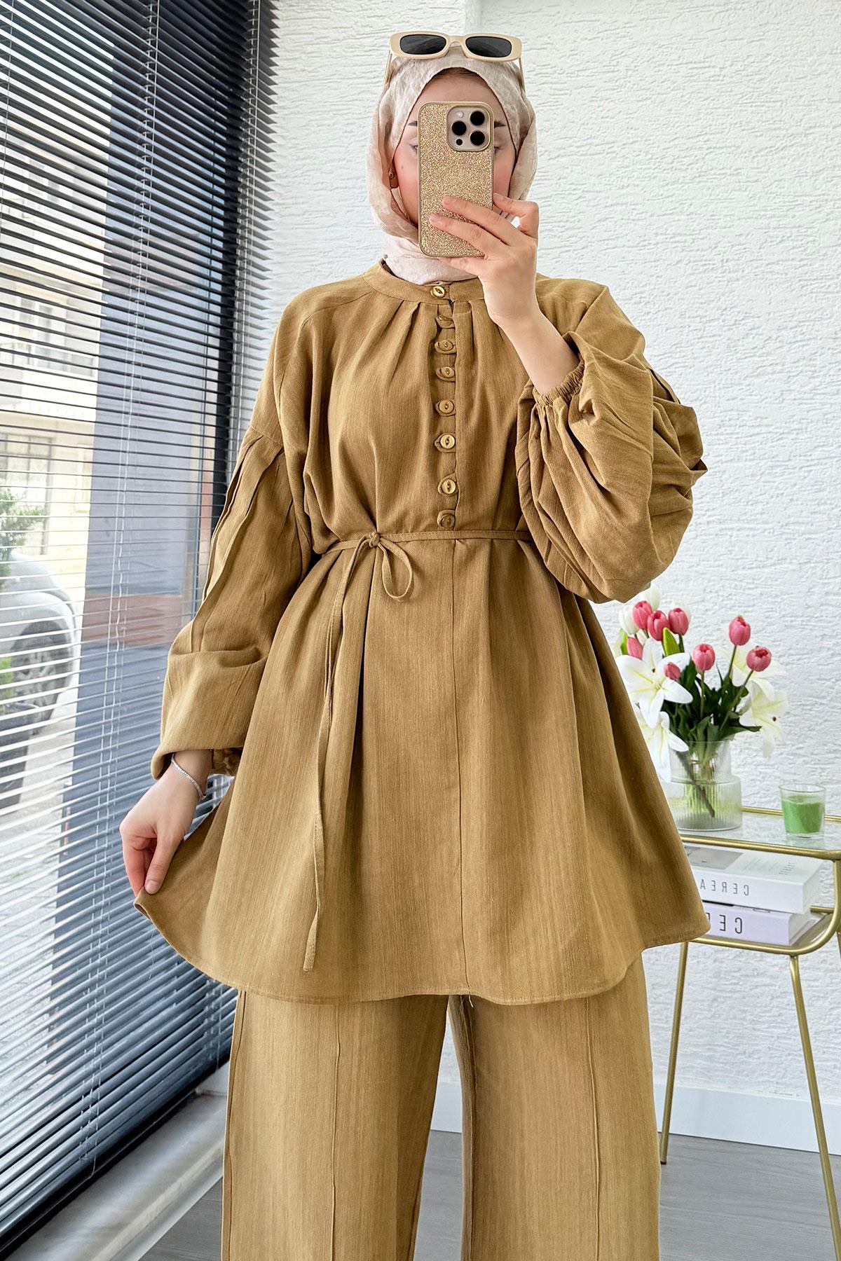 Oversize Birit Düğmeli Keten Pantolon Takım - Yağ Yeşili