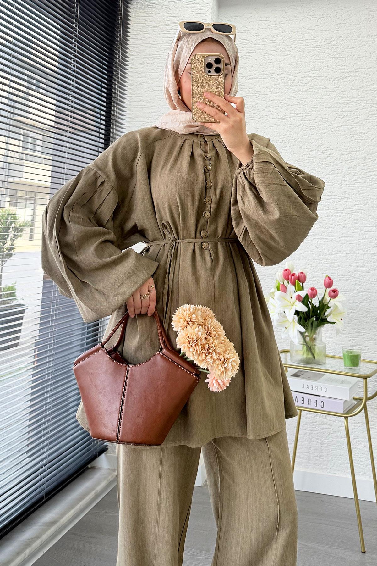 Oversize Birit Düğmeli Keten Pantolon Takım - Haki