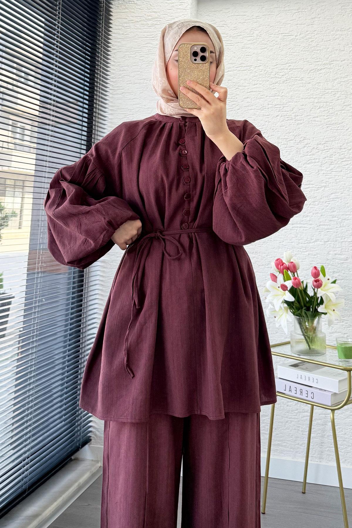 Oversize Birit Düğmeli Keten Pantolon Takım - Bordo