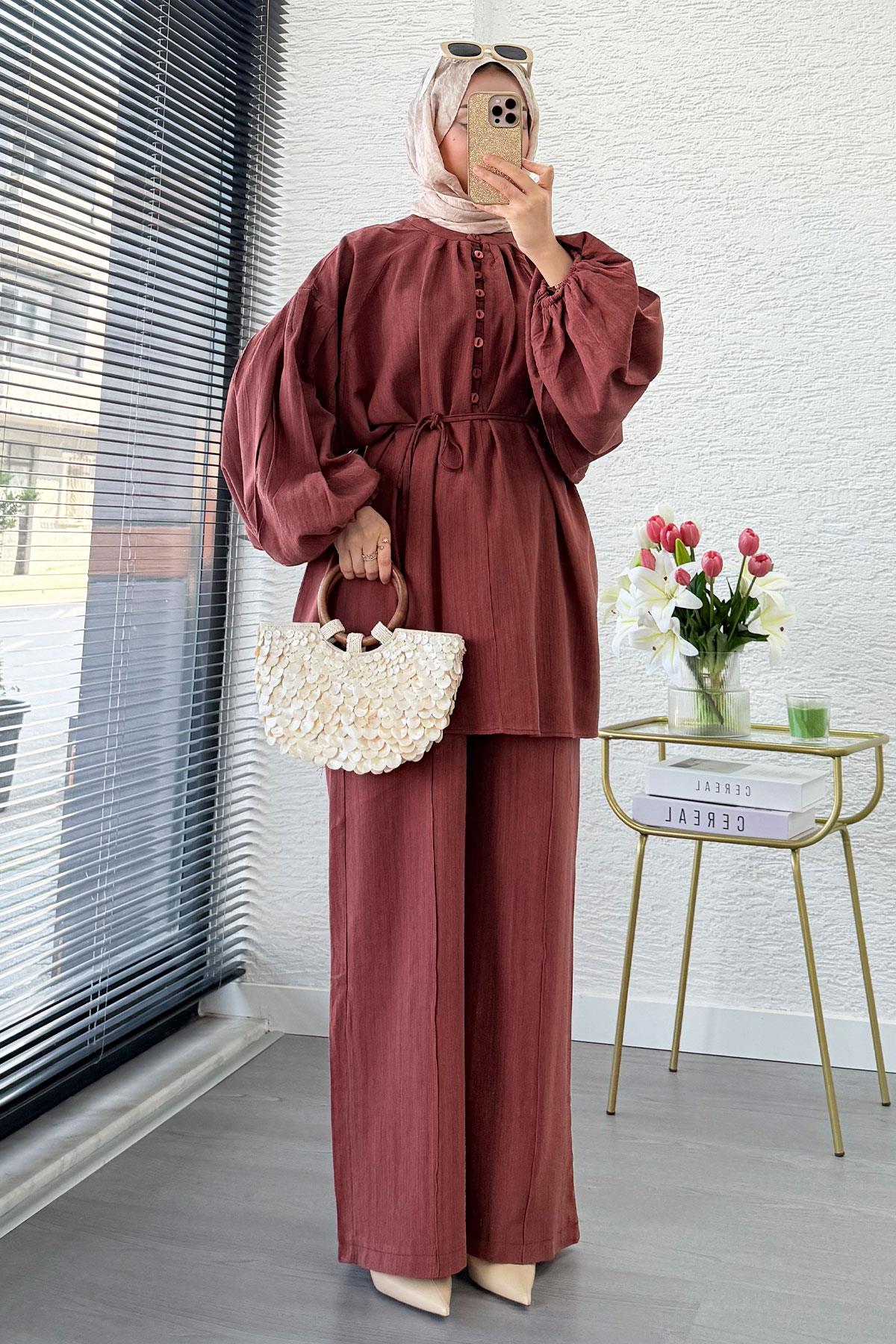 Oversize Birit Düğmeli Keten Pantolon Takım - Kiremit