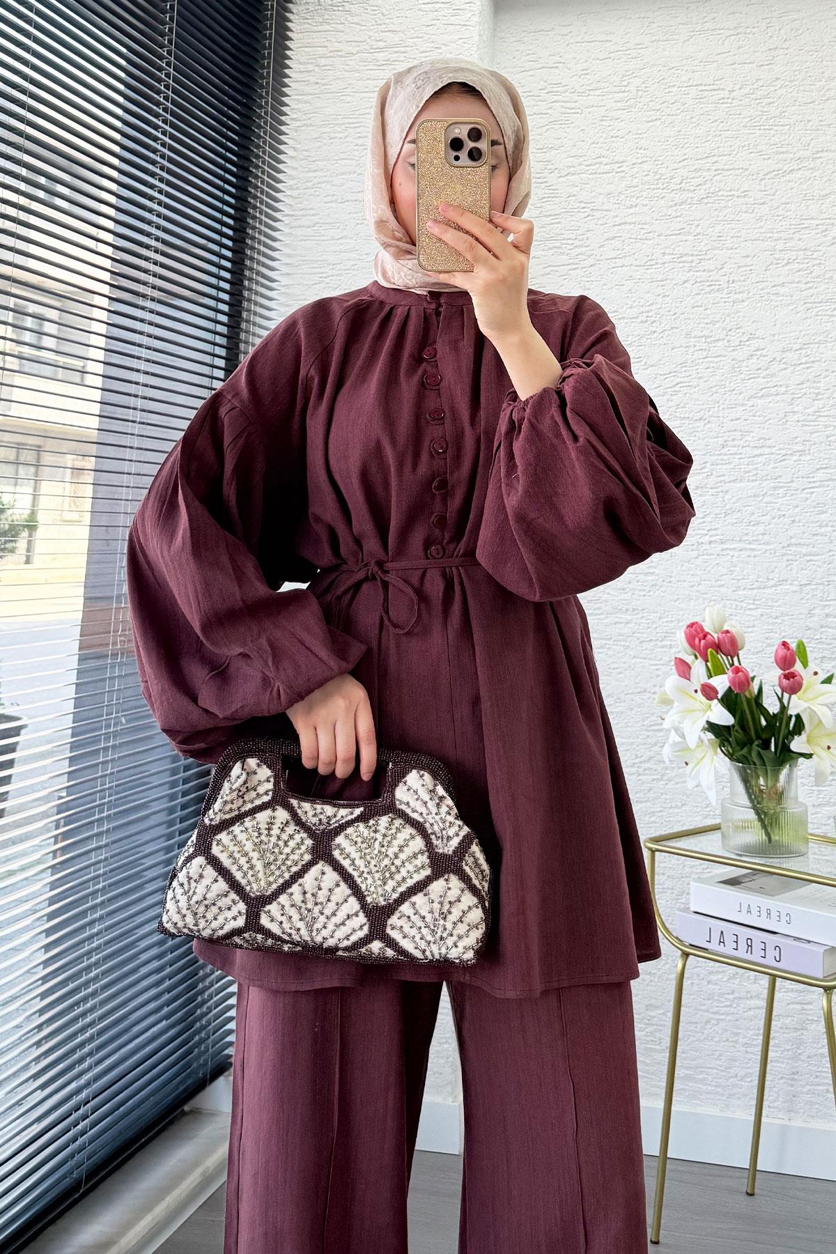 Oversize Birit Düğmeli Keten Pantolon Takım - Bordo