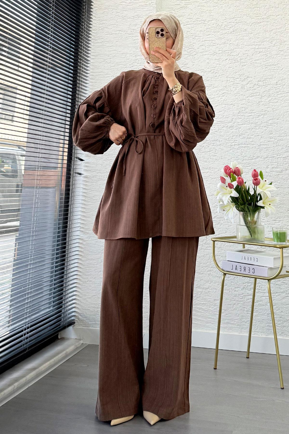 Oversize Birit Düğmeli Keten Pantolon Takım - Kahverengi