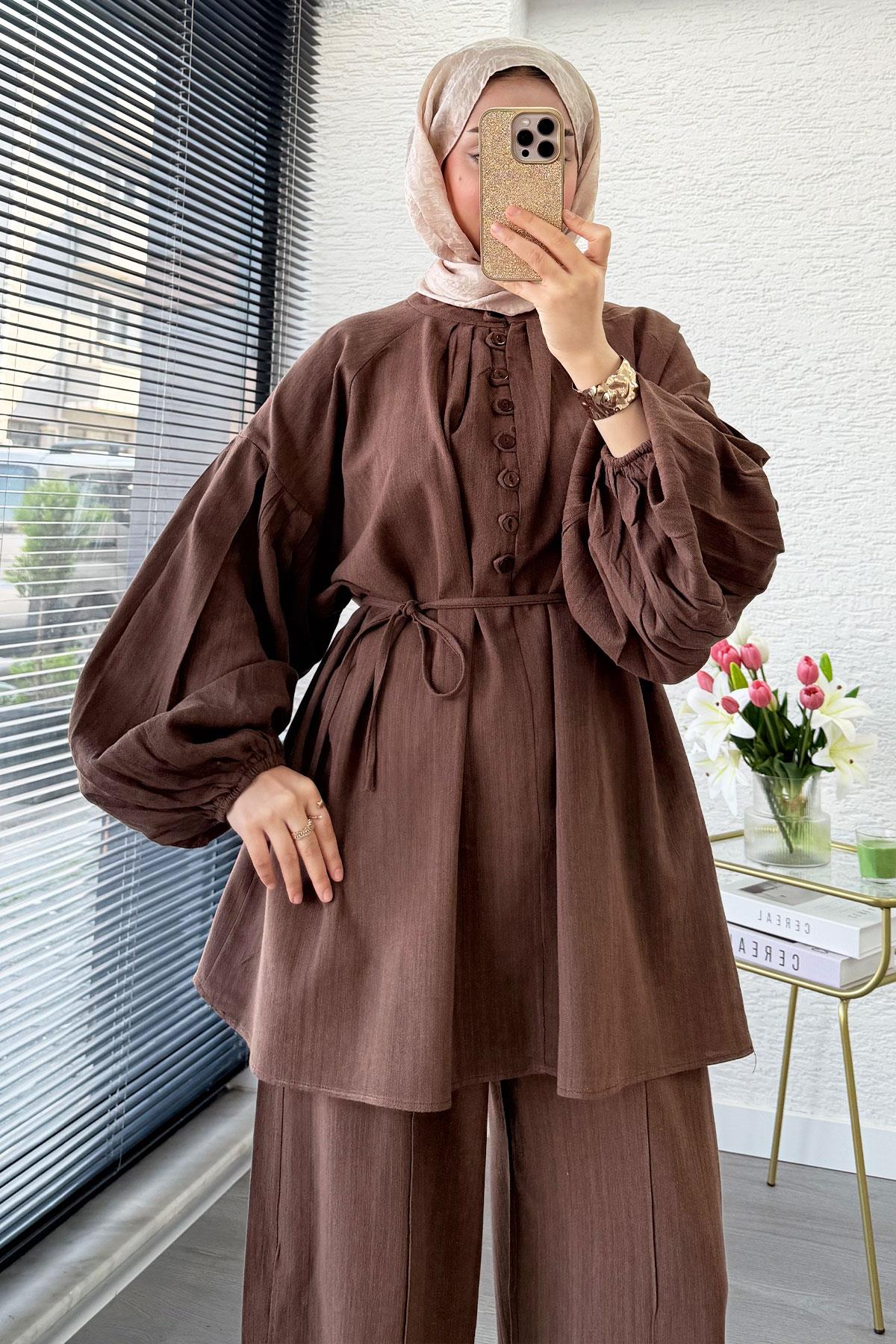 Oversize Birit Düğmeli Keten Pantolon Takım - Kahverengi