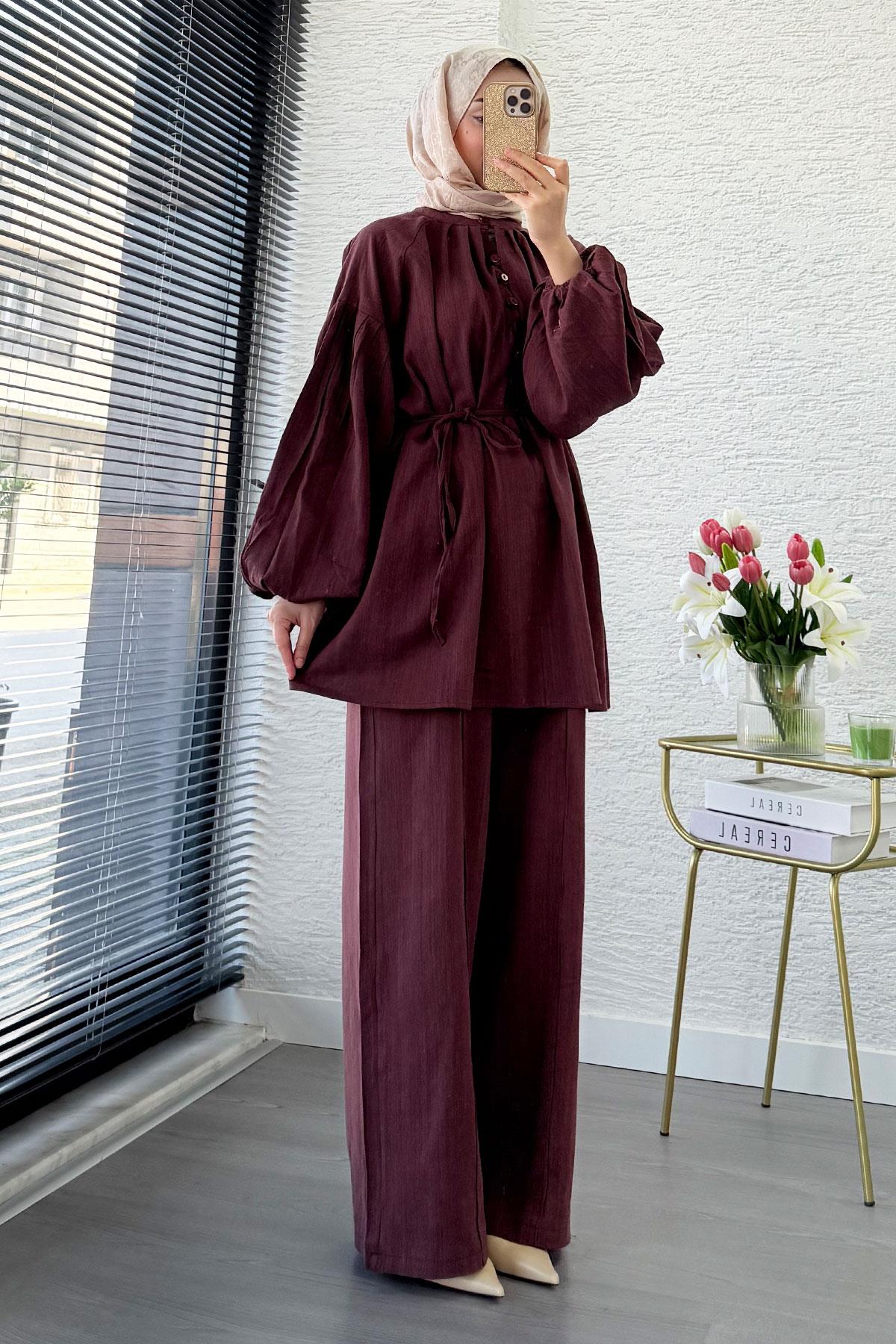 Oversize Birit Düğmeli Keten Pantolon Takım - Bordo