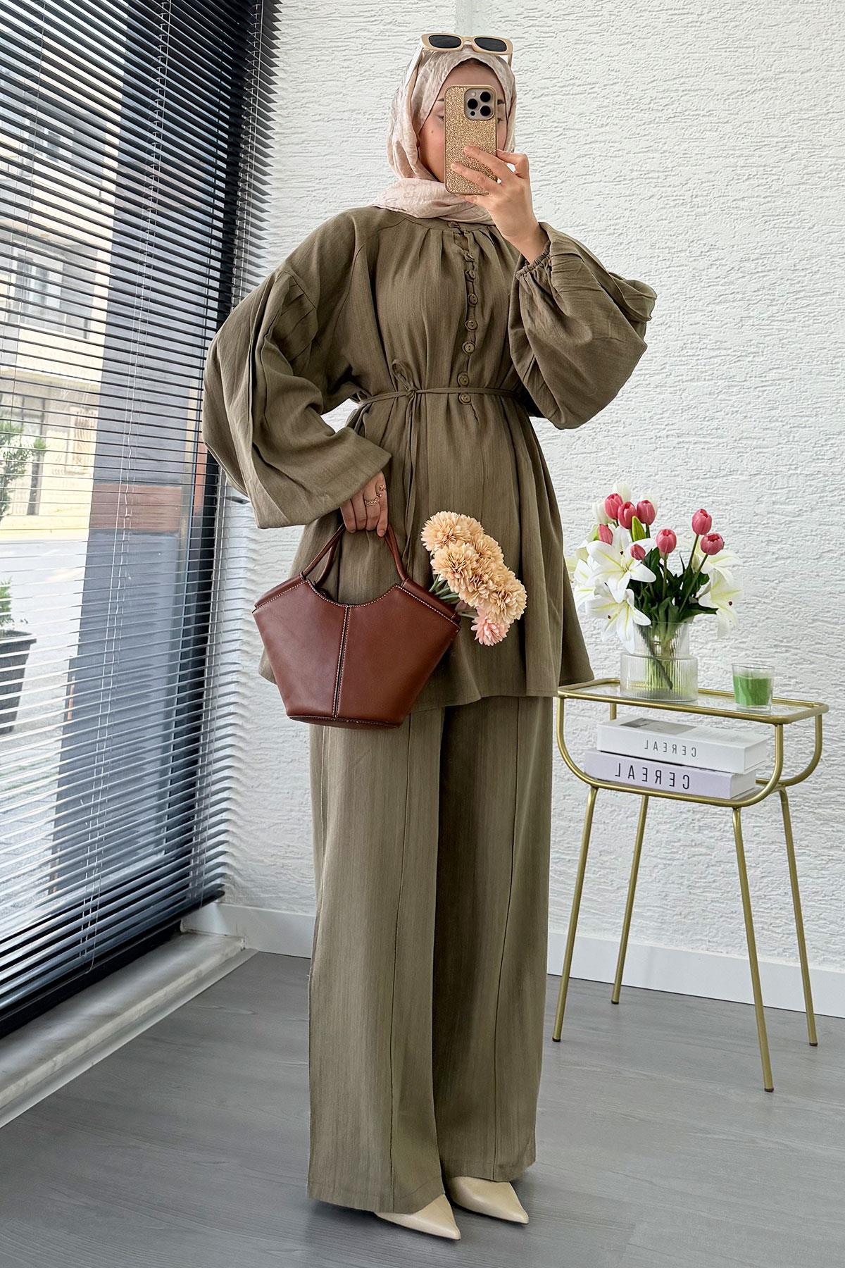 Oversize Birit Düğmeli Keten Pantolon Takım - Haki