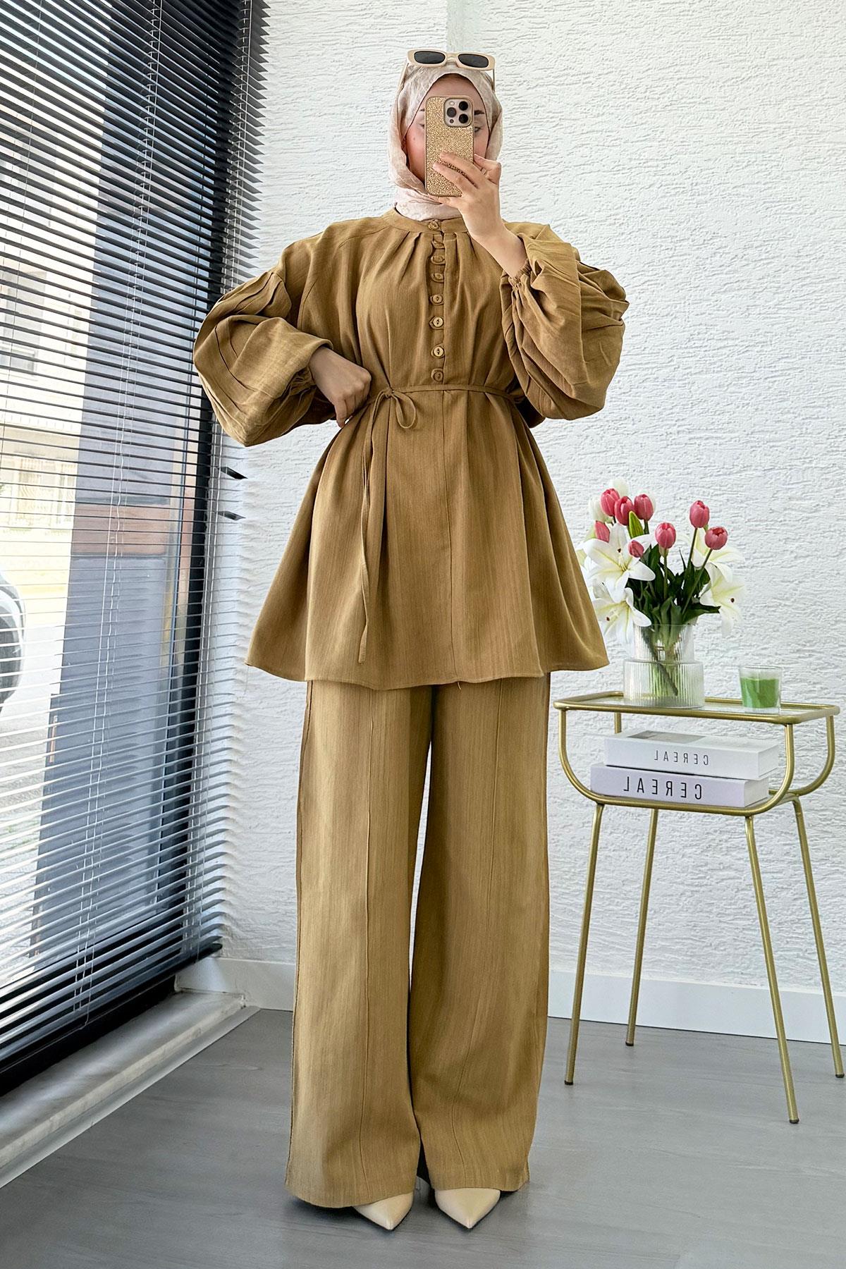 Oversize Birit Düğmeli Keten Pantolon Takım - Yağ Yeşili