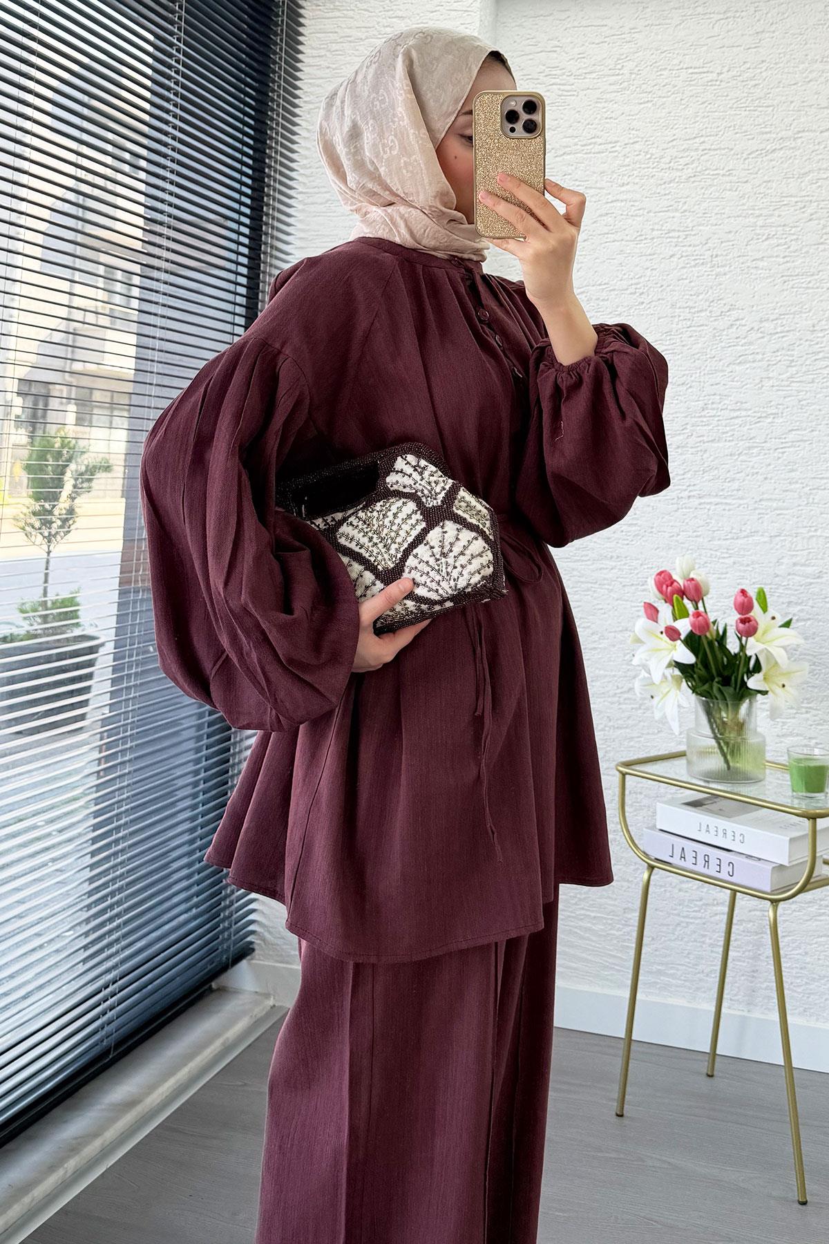 Oversize Birit Düğmeli Keten Pantolon Takım - Bordo