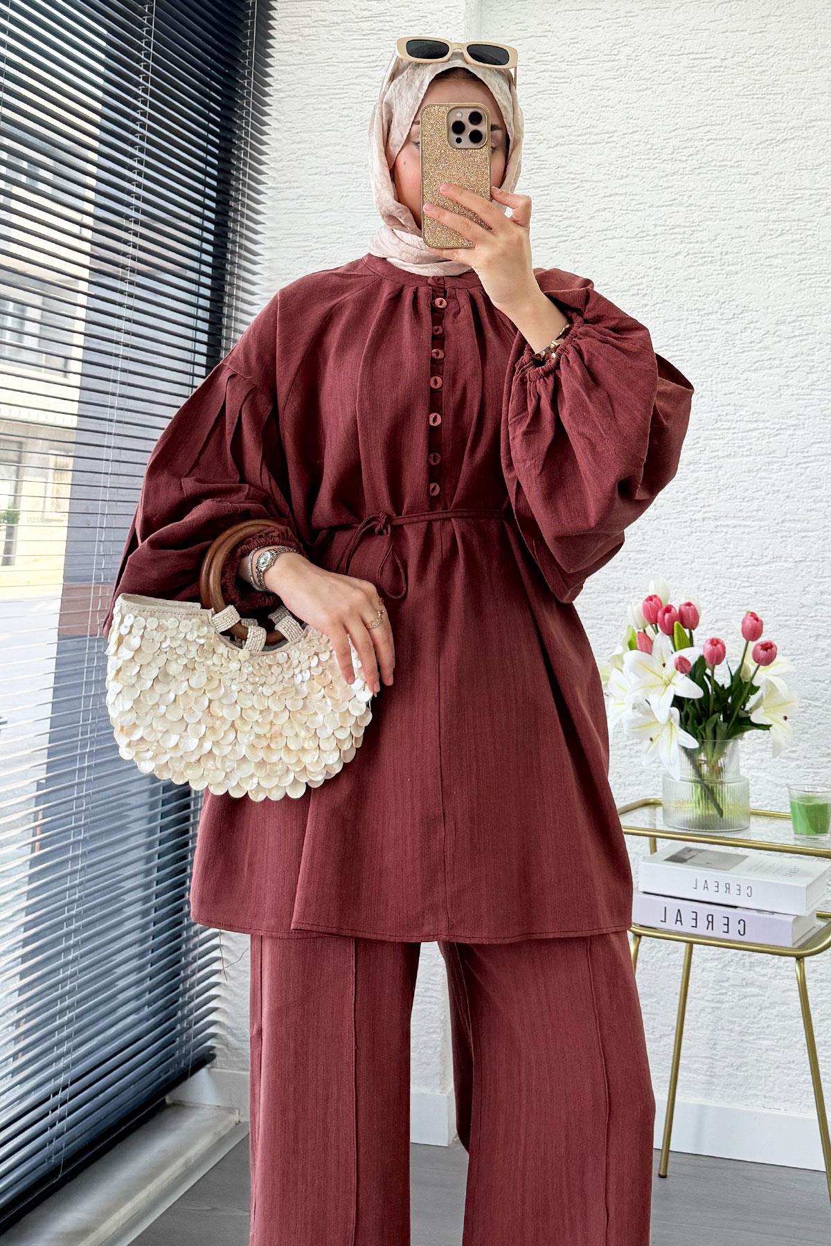 Oversize Birit Düğmeli Keten Pantolon Takım - Kiremit