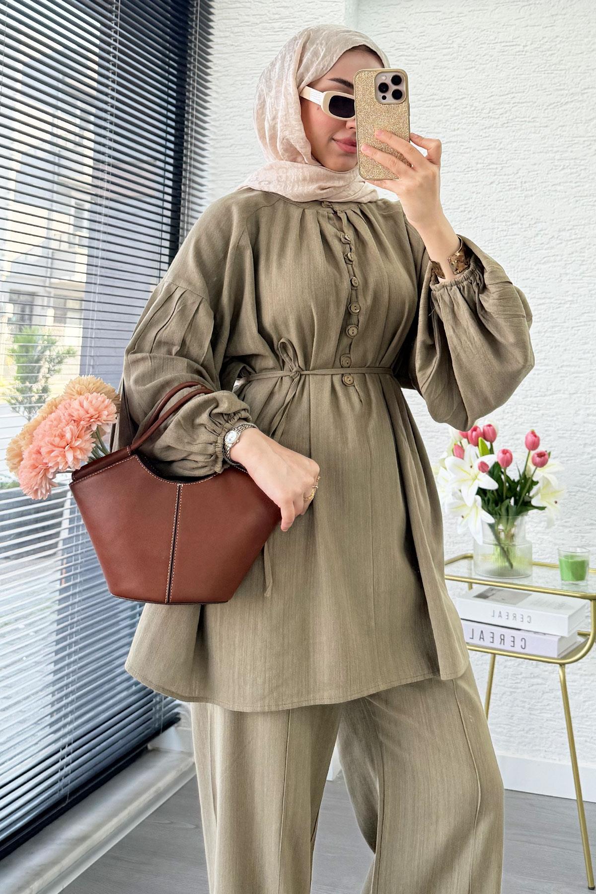 Oversize Birit Düğmeli Keten Pantolon Takım - Haki