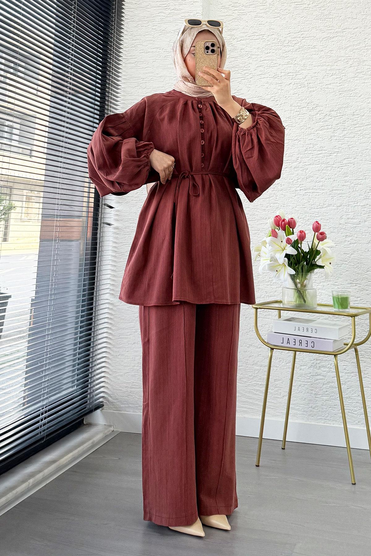 Oversize Birit Düğmeli Keten Pantolon Takım - Kiremit