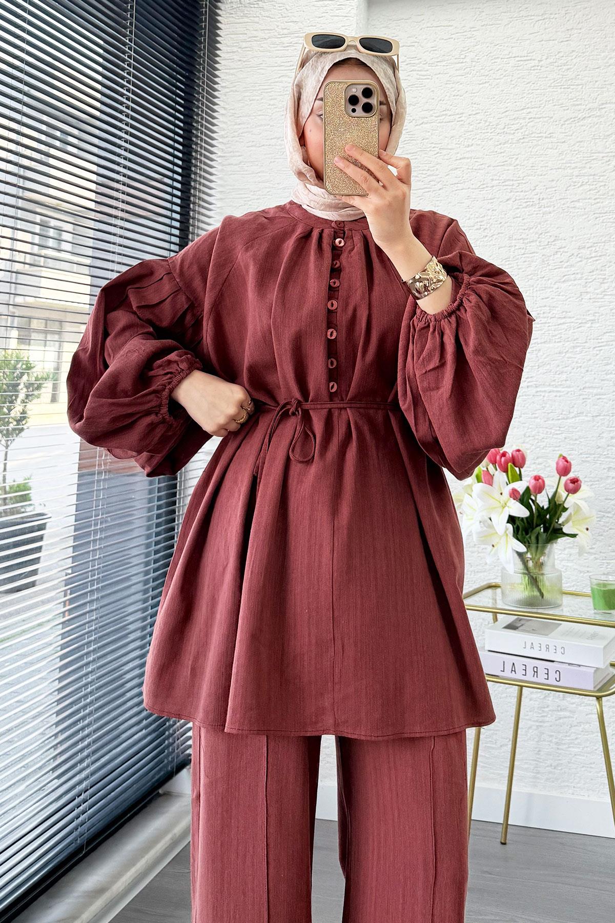 Oversize Birit Düğmeli Keten Pantolon Takım - Kiremit