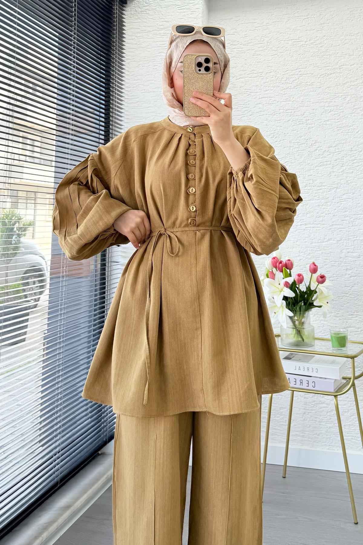 Oversize Birit Düğmeli Keten Pantolon Takım - Yağ Yeşili