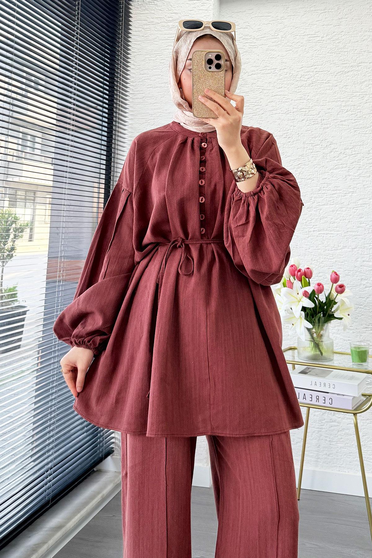 Oversize Birit Düğmeli Keten Pantolon Takım - Kiremit