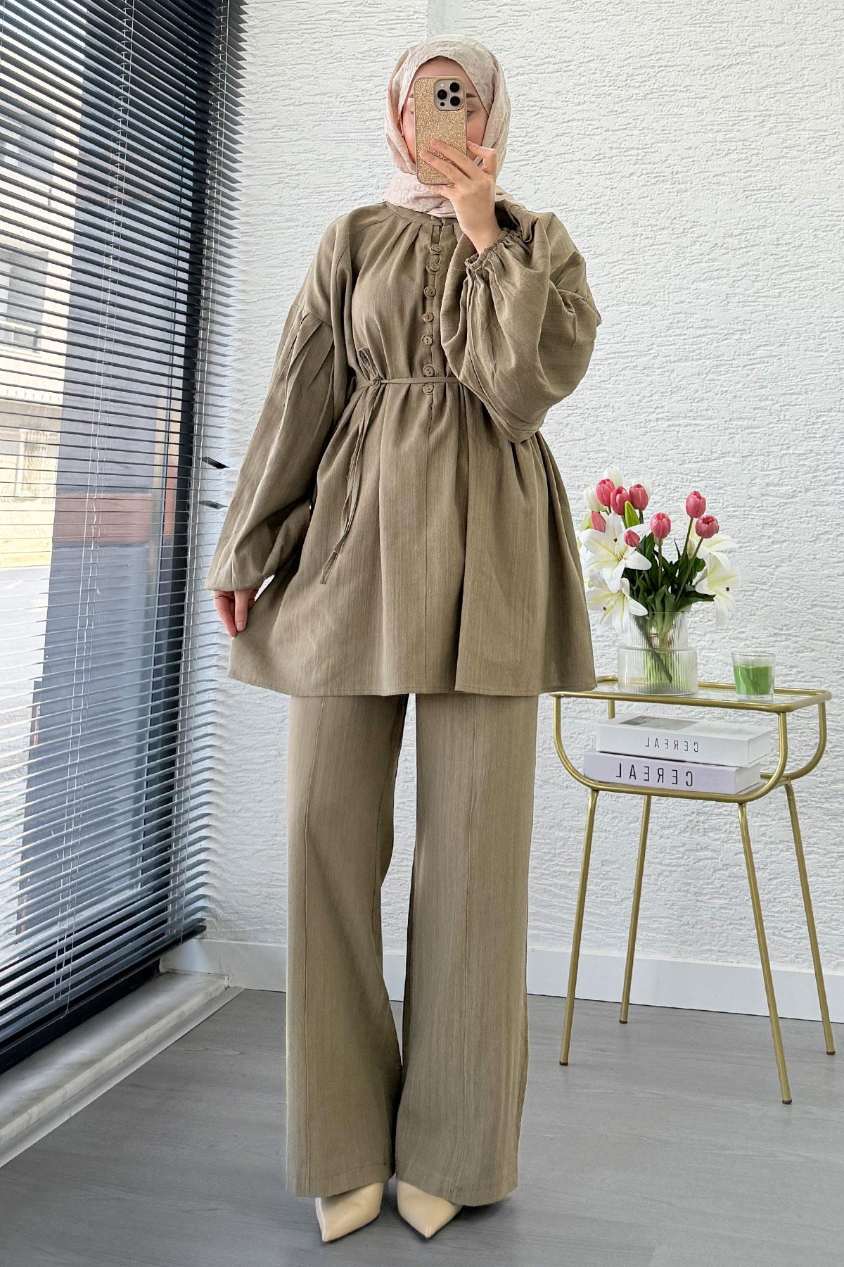 Oversize Birit Düğmeli Keten Pantolon Takım - Haki