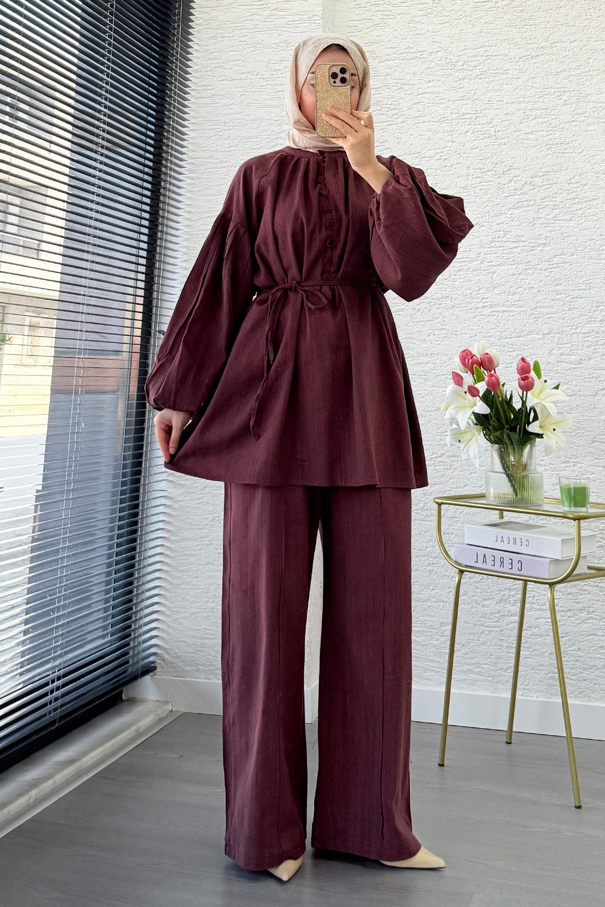 Oversize Birit Düğmeli Keten Pantolon Takım - Bordo