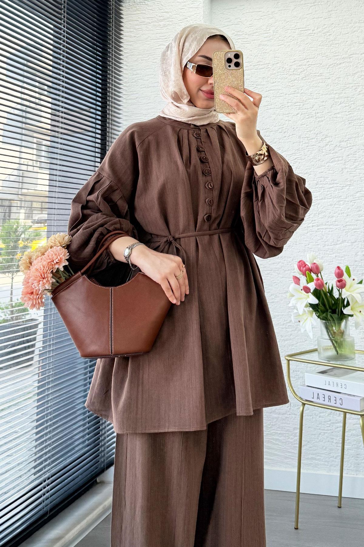 Oversize Birit Düğmeli Keten Pantolon Takım - Kahverengi