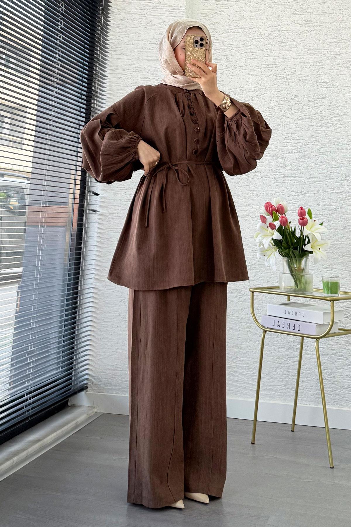 Oversize Birit Düğmeli Keten Pantolon Takım - Kahverengi