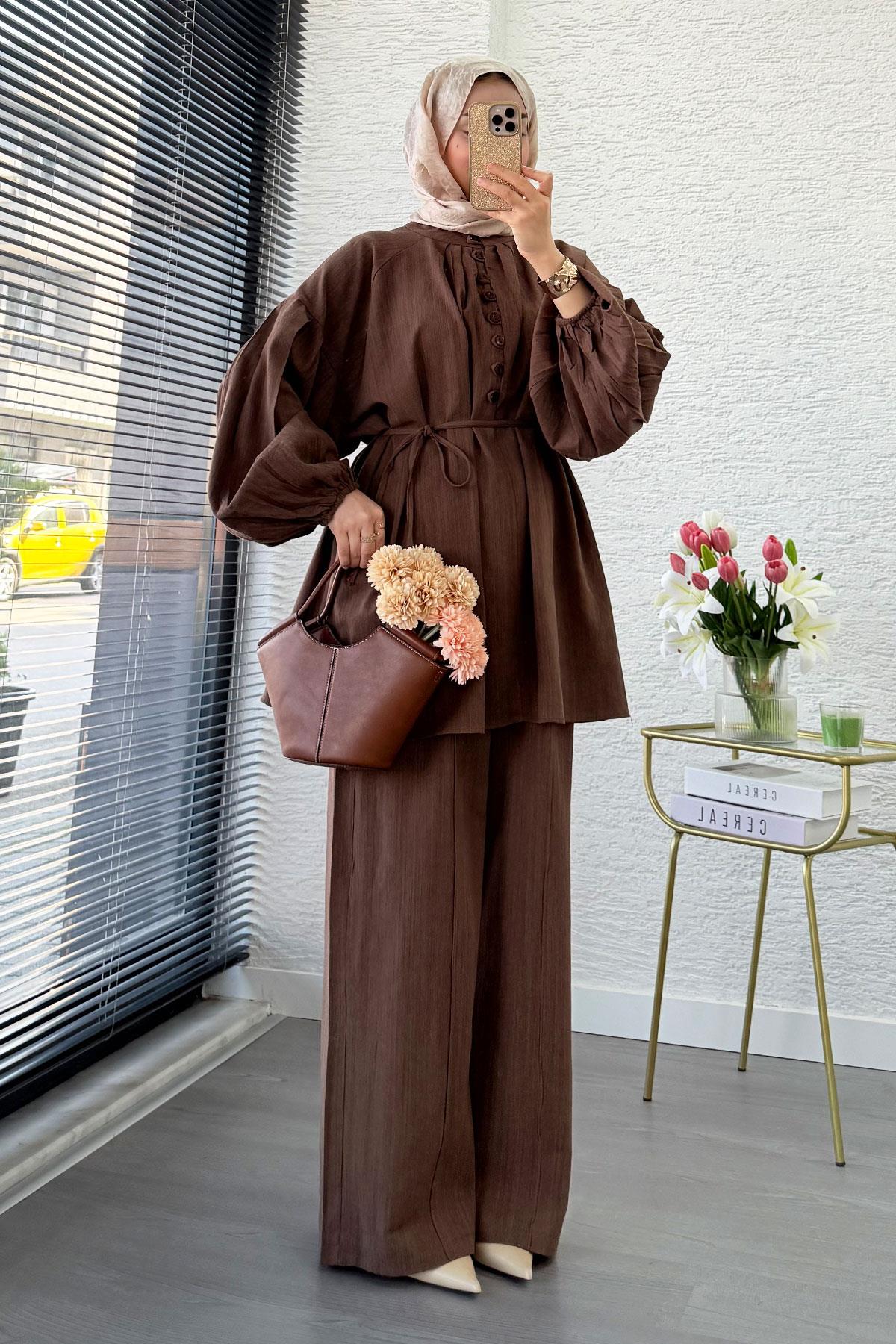 Oversize Birit Düğmeli Keten Pantolon Takım - Kahverengi