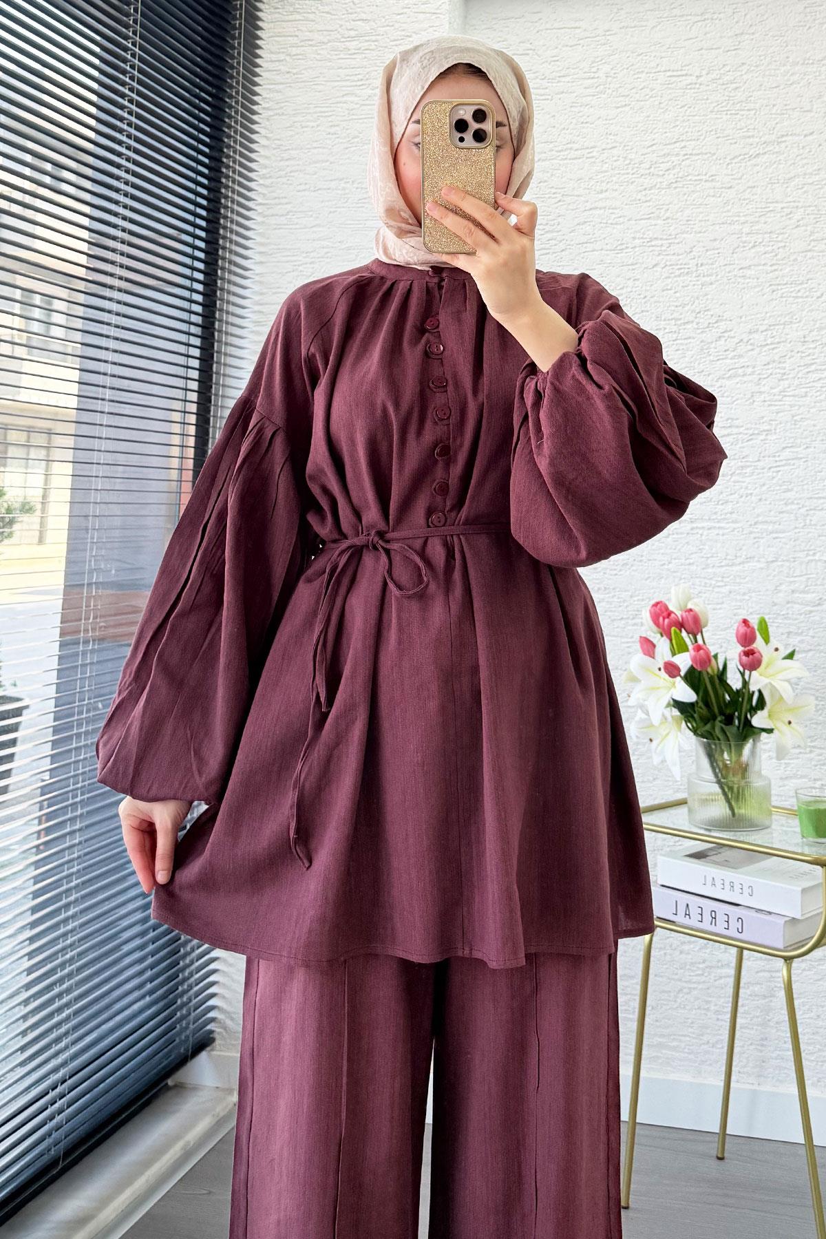 Oversize Birit Düğmeli Keten Pantolon Takım - Bordo
