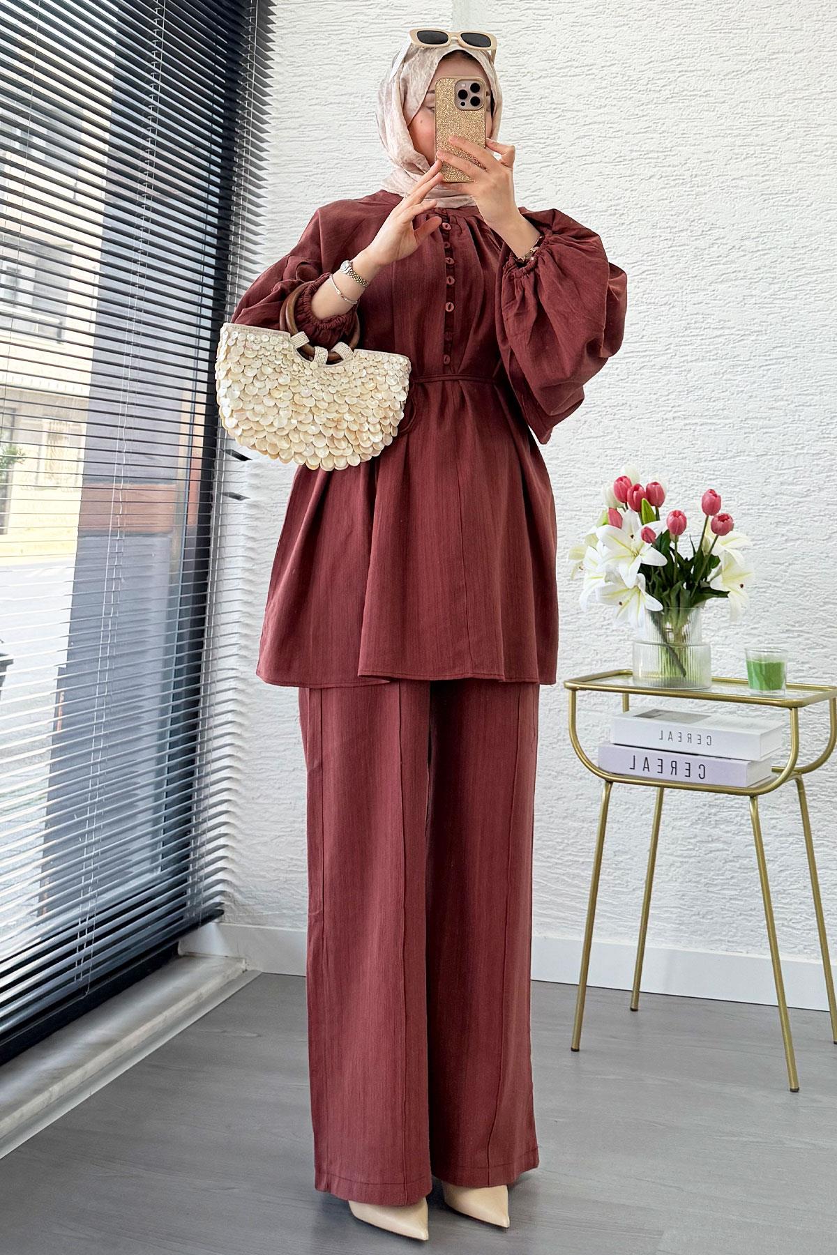 Oversize Birit Düğmeli Keten Pantolon Takım - Kiremit
