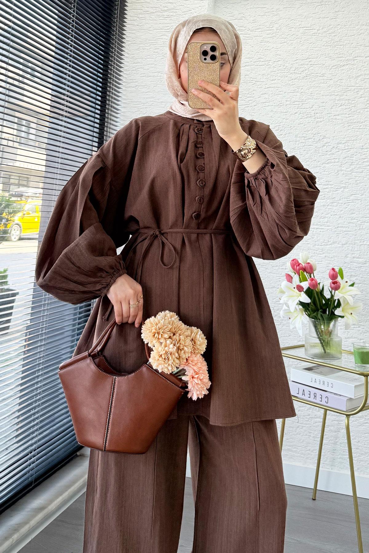 Oversize Birit Düğmeli Keten Pantolon Takım - Kahverengi