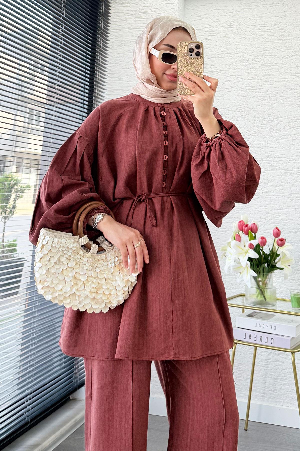 Oversize Birit Düğmeli Keten Pantolon Takım - Kiremit