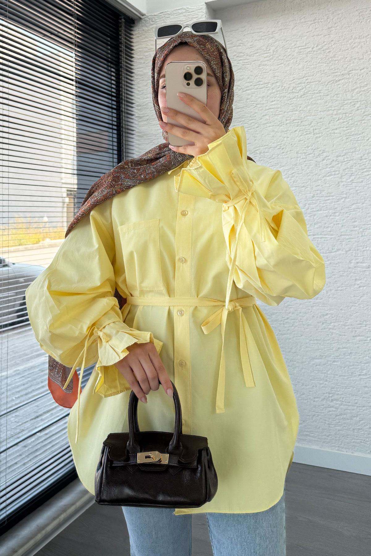 Oversize Kesim Bilek Detaylı Poplin Tunik - Sarı