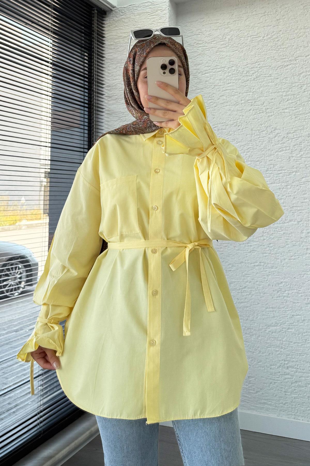Oversize Kesim Bilek Detaylı Poplin Tunik - Sarı