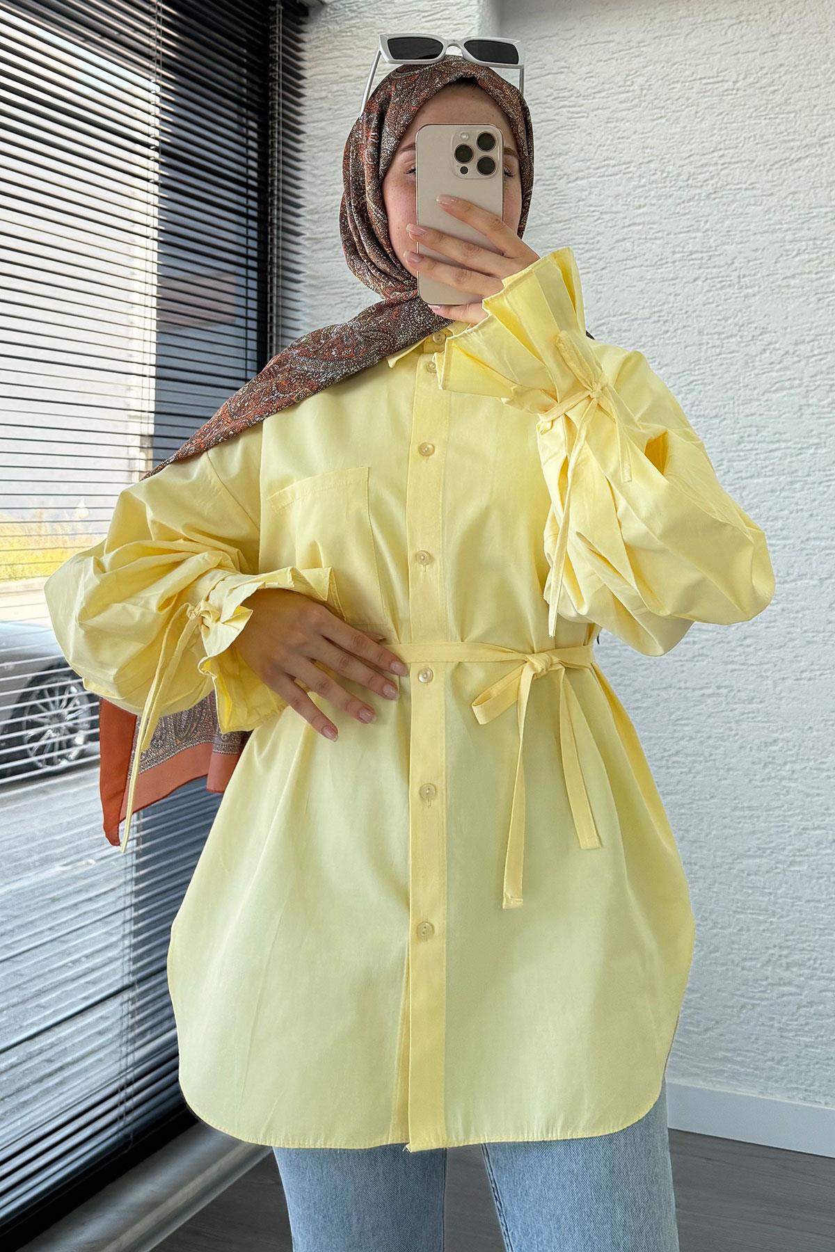 Oversize Kesim Bilek Detaylı Poplin Tunik - Sarı