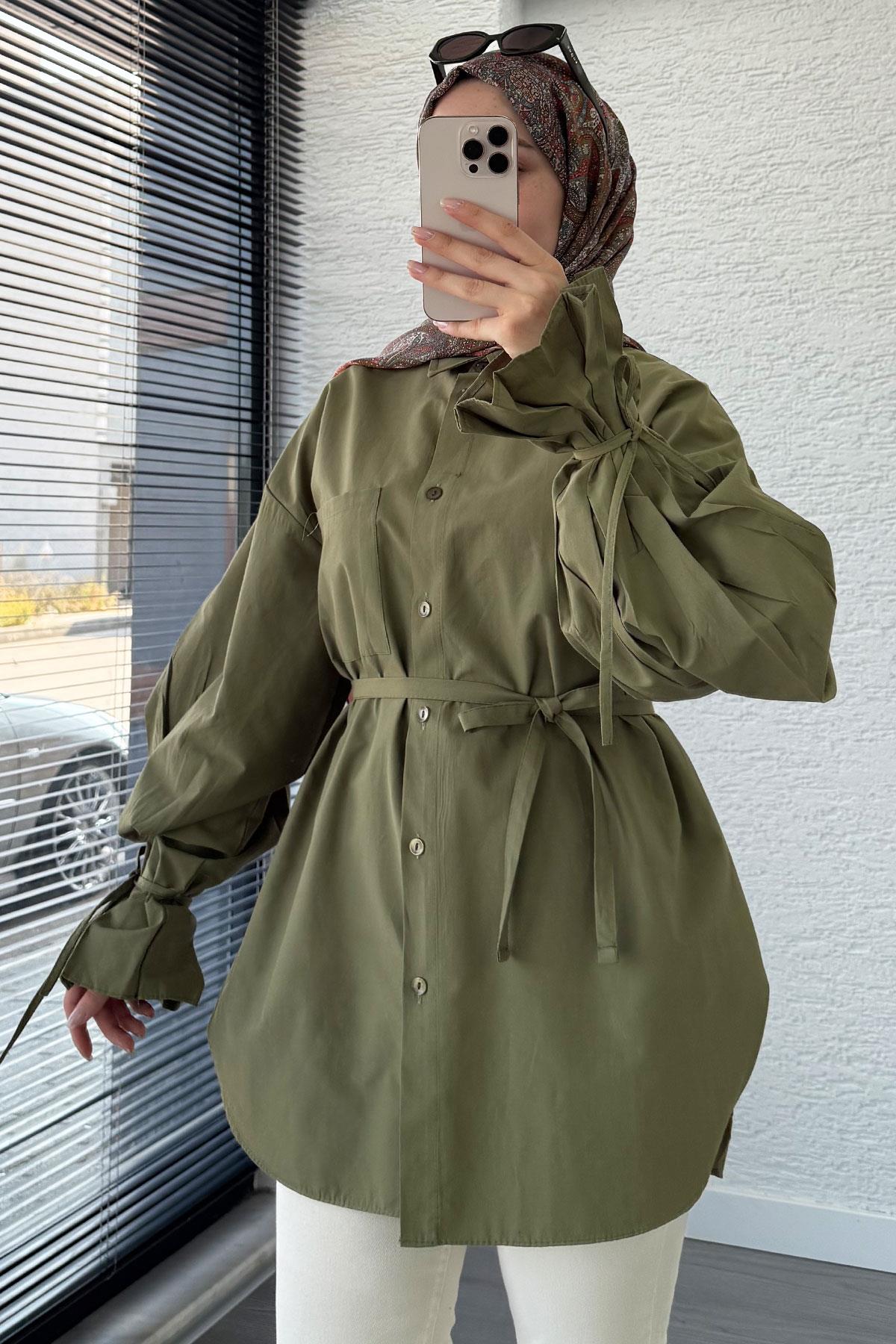 Oversize Kesim Bilek Detaylı Poplin Tunik - Haki