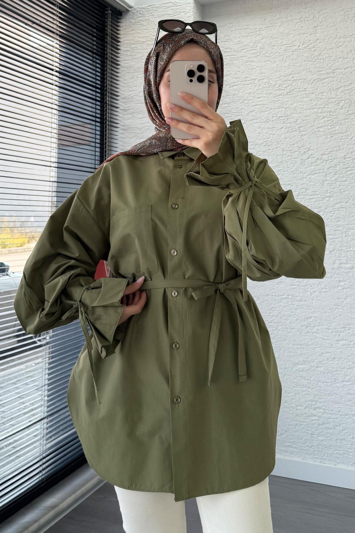 Oversize Kesim Bilek Detaylı Poplin Tunik - Haki