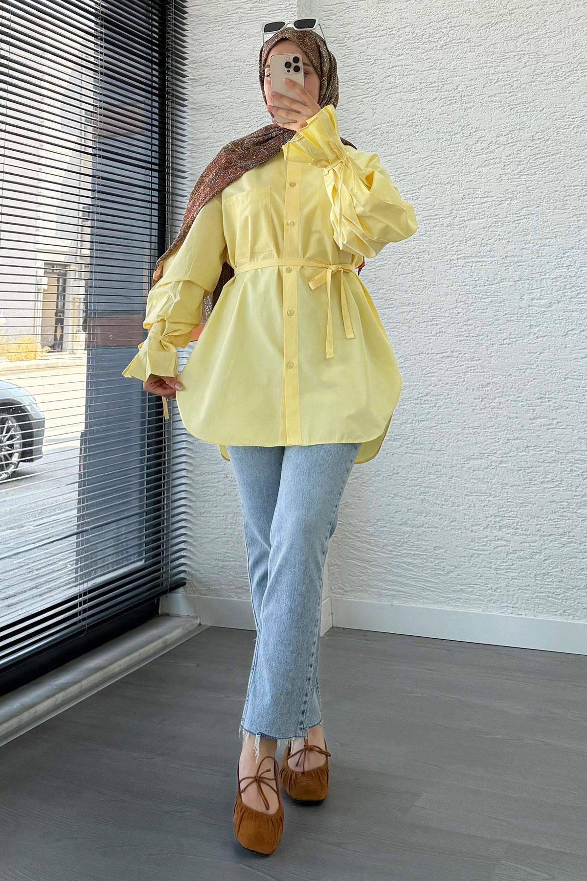 Oversize Kesim Bilek Detaylı Poplin Tunik - Sarı