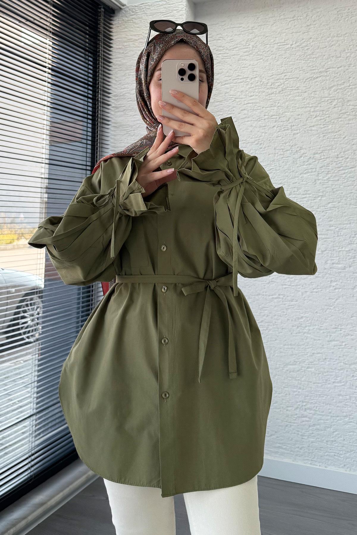 Oversize Kesim Bilek Detaylı Poplin Tunik - Haki