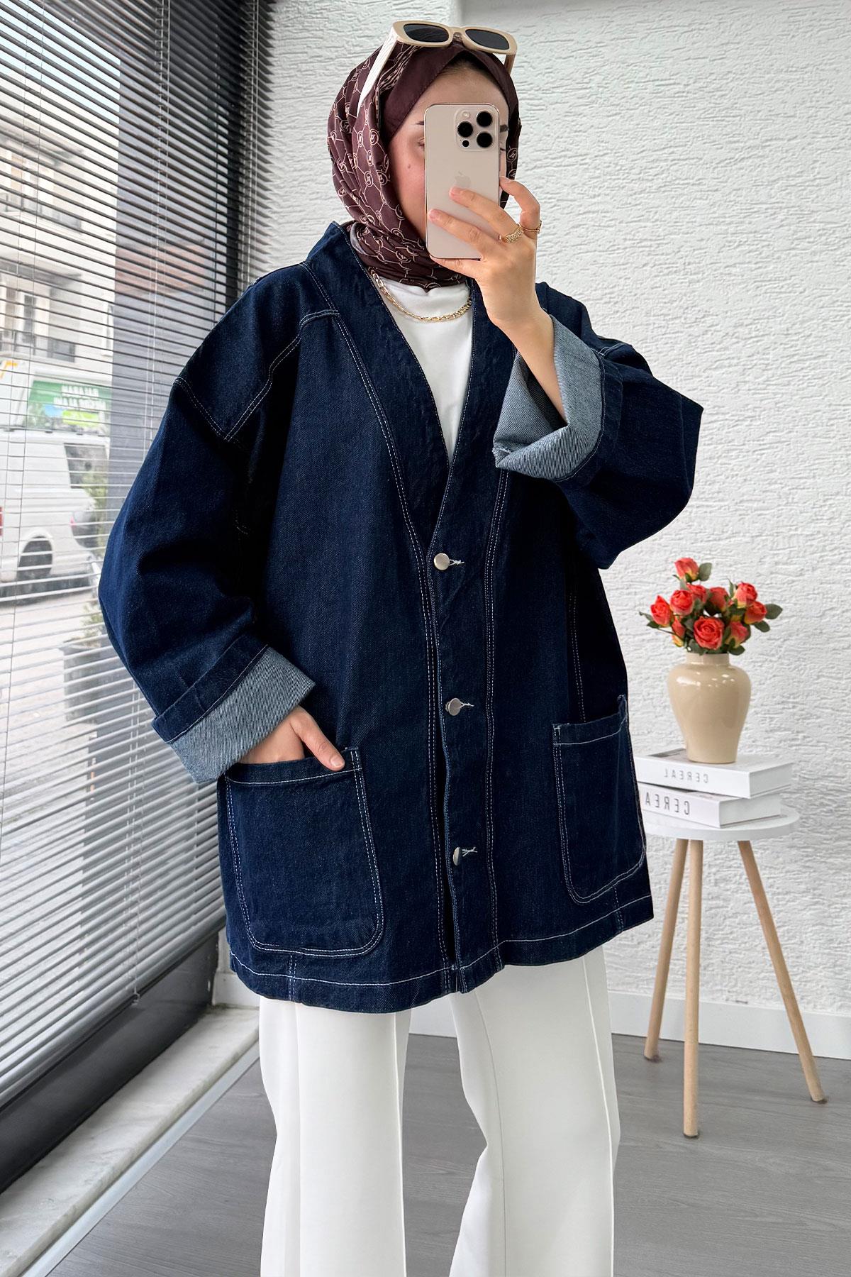 Oversize Önden Düğmeli Kadın Kot Ceket – Koyu Mavi