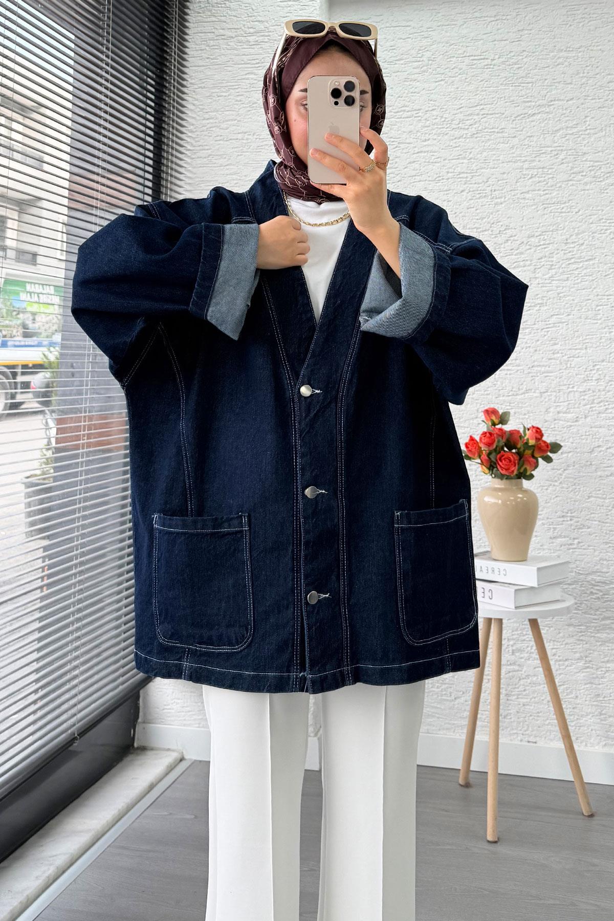 Oversize Önden Düğmeli Kadın Kot Ceket – Koyu Mavi