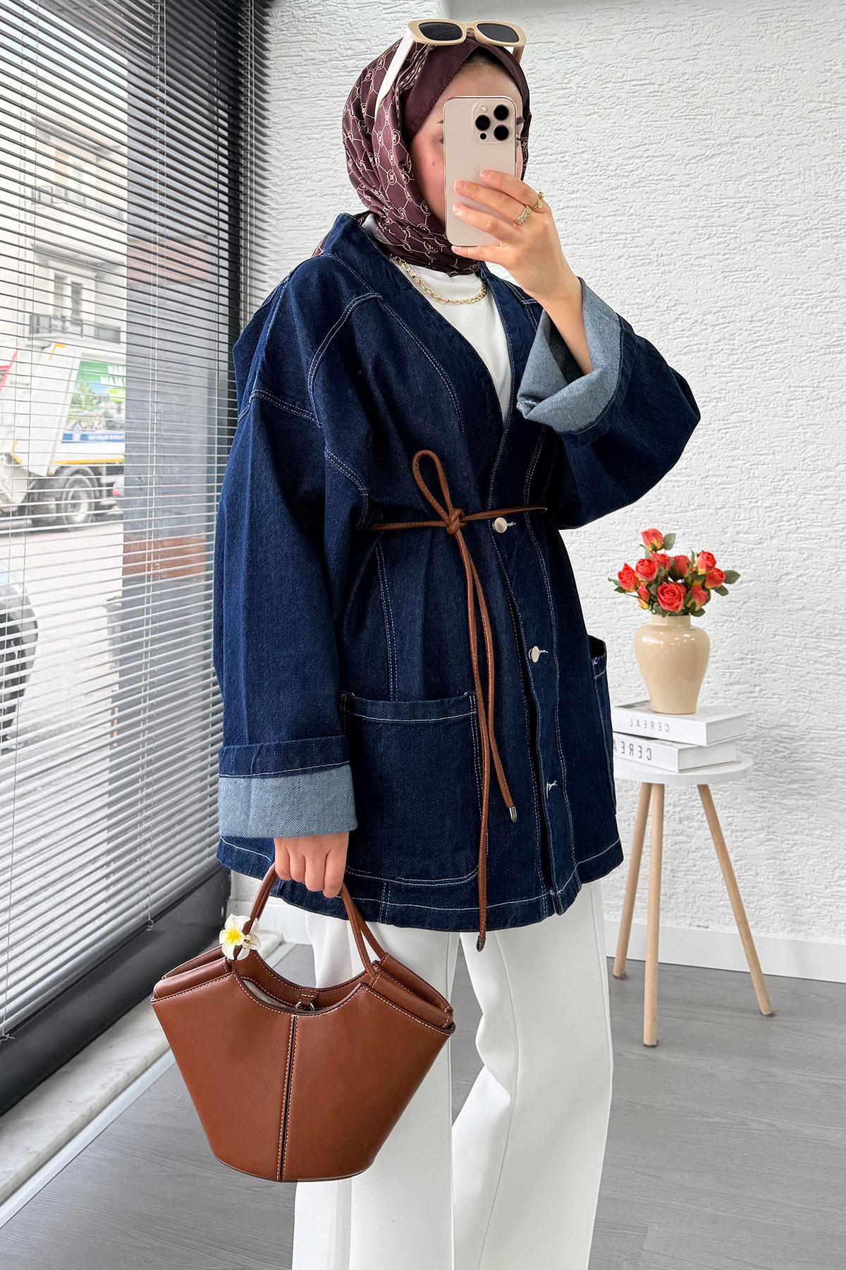 Oversize Önden Düğmeli Kadın Kot Ceket – Koyu Mavi