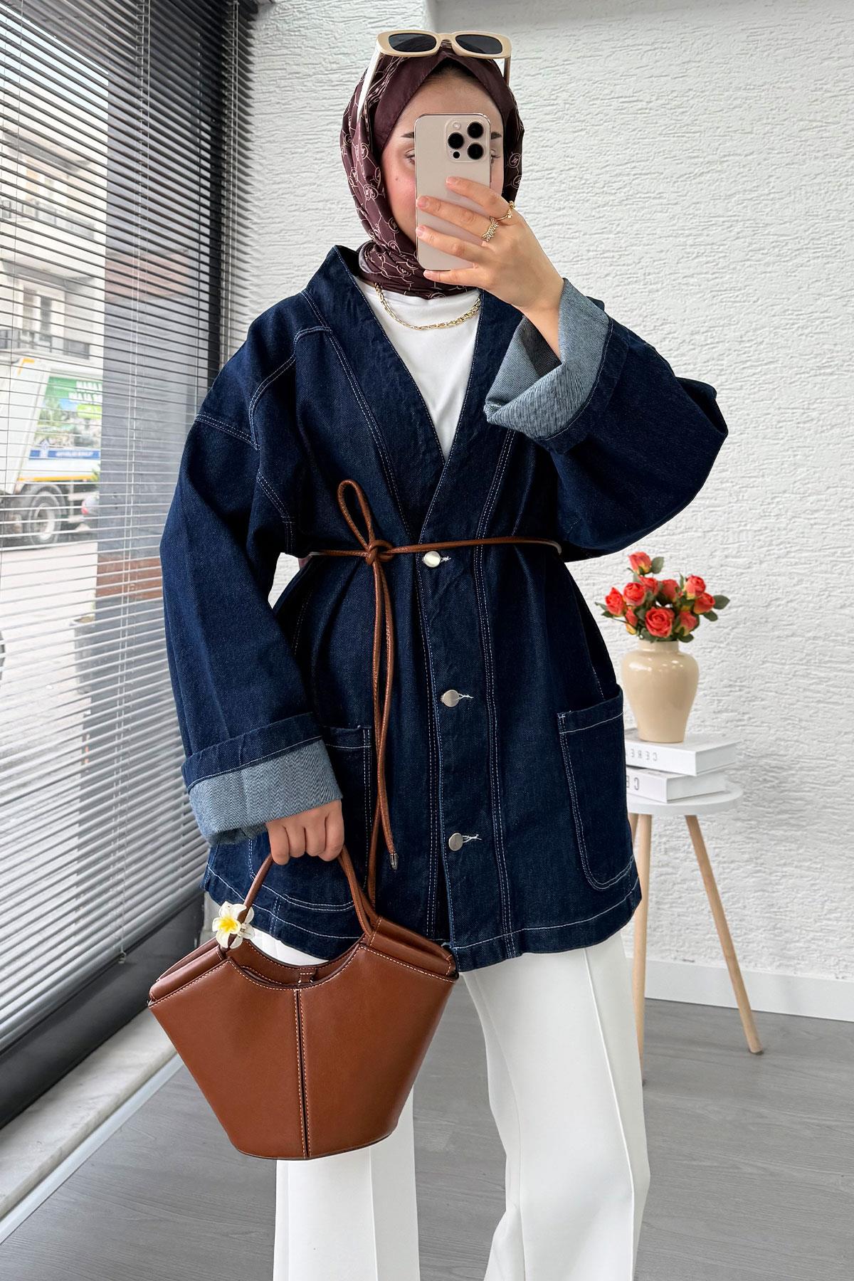Oversize Önden Düğmeli Kadın Kot Ceket – Koyu Mavi