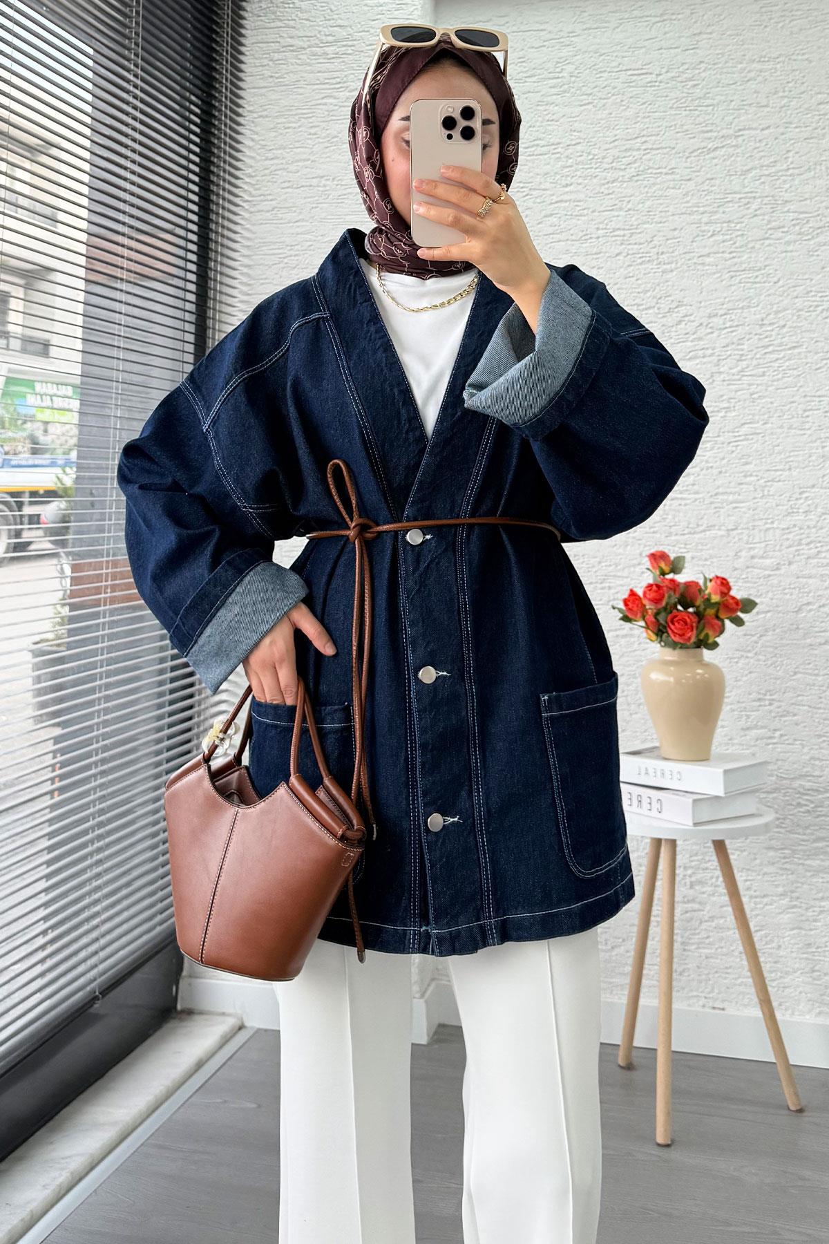 Oversize Önden Düğmeli Kadın Kot Ceket – Koyu Mavi