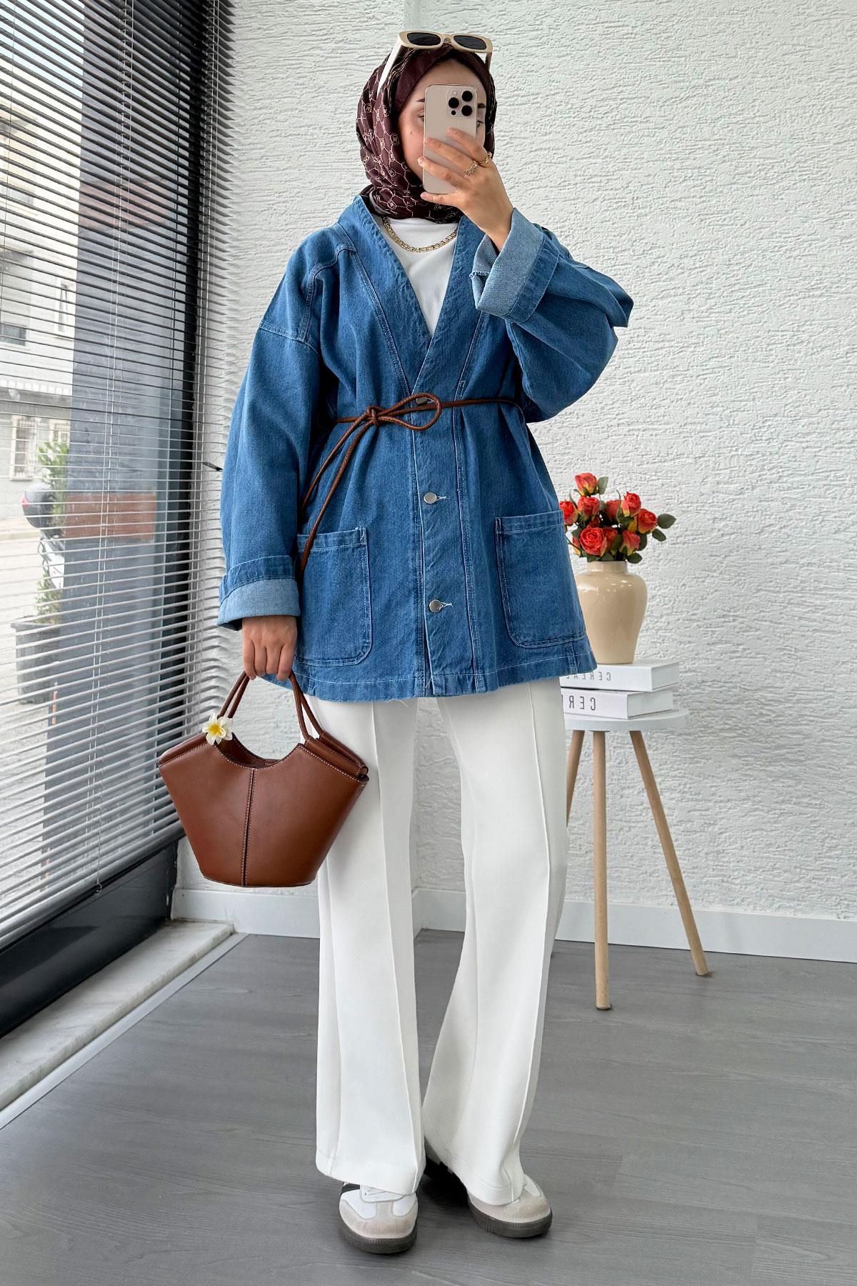Oversize Önden Düğmeli Kadın Kot Ceket – Açık Mavi
