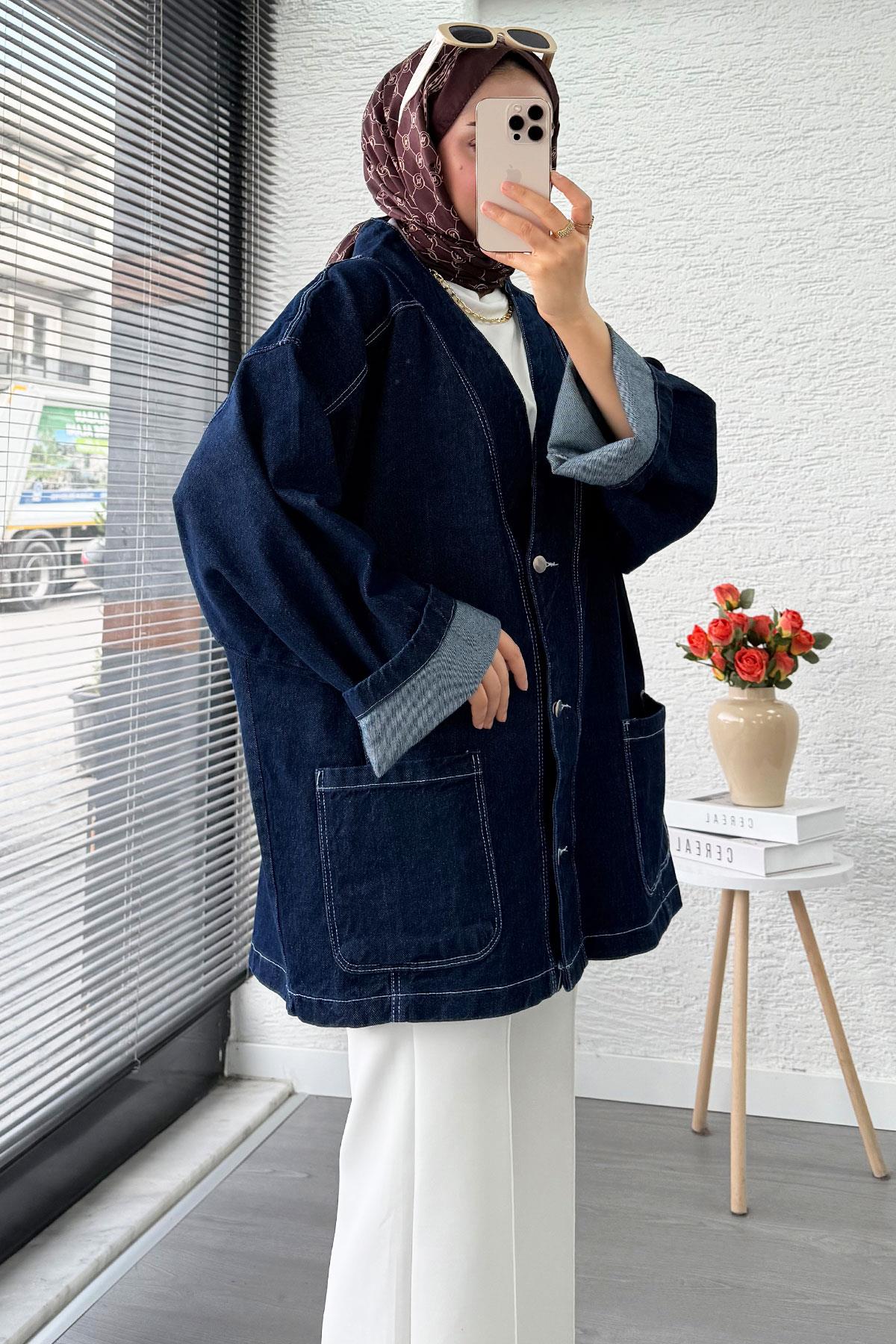 Oversize Önden Düğmeli Kadın Kot Ceket – Koyu Mavi