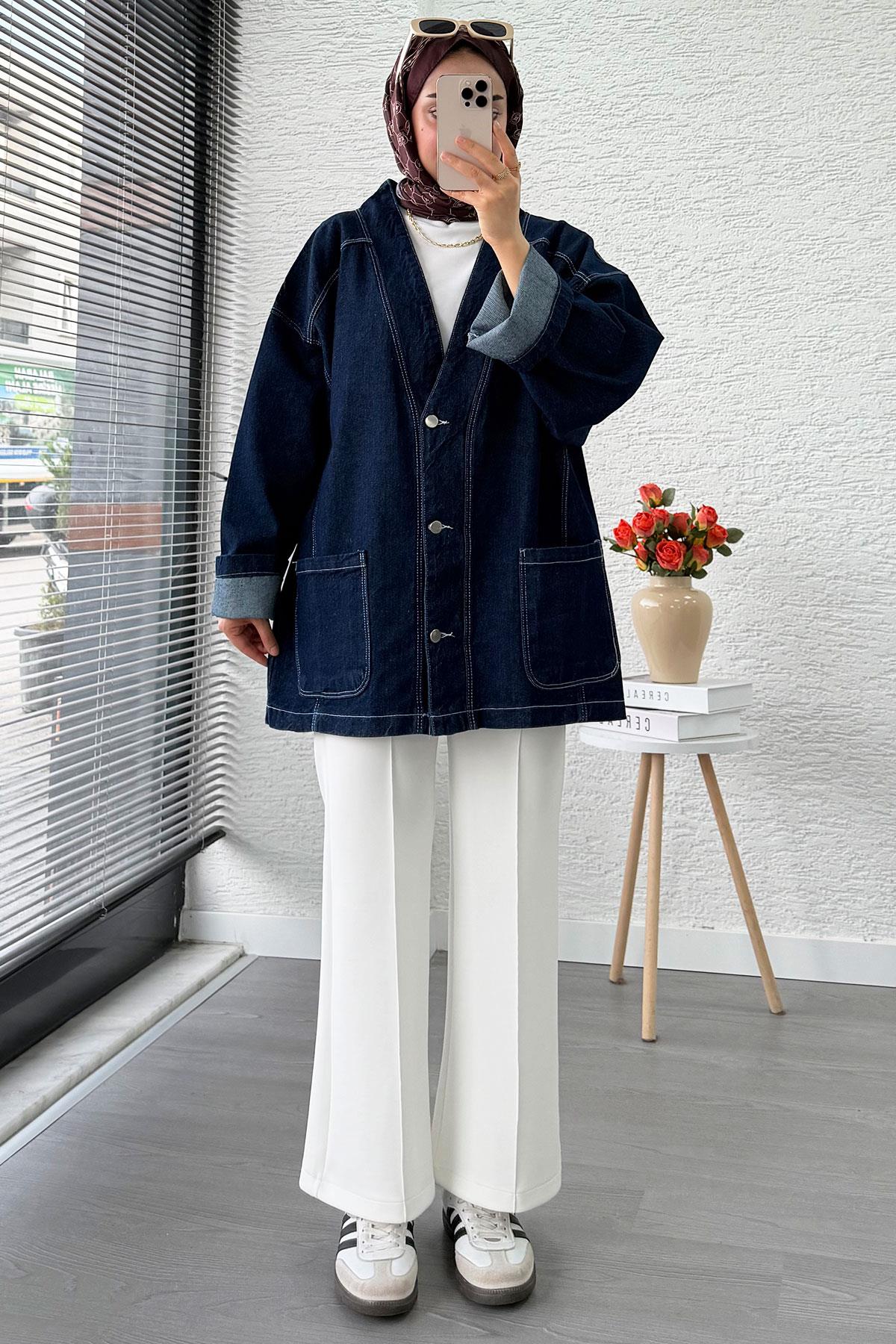 Oversize Önden Düğmeli Kadın Kot Ceket – Koyu Mavi