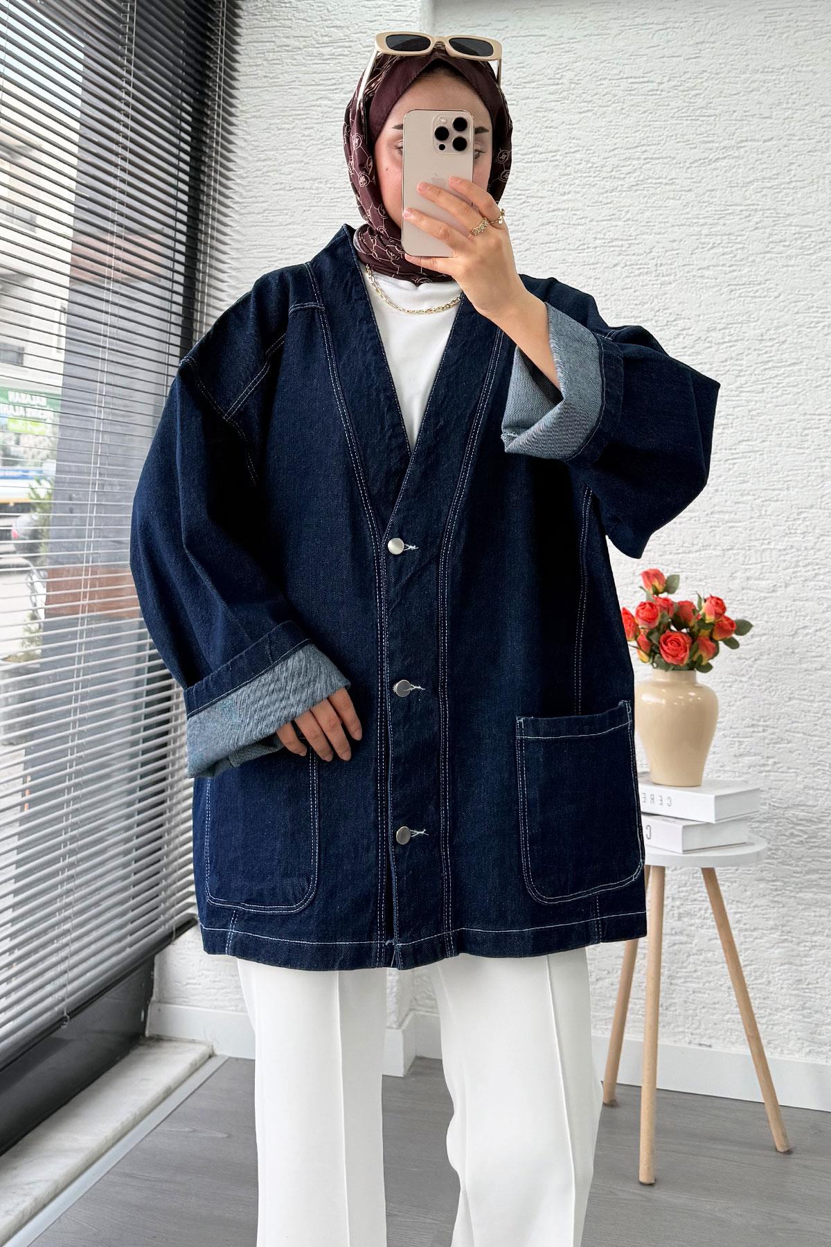 Oversize Önden Düğmeli Kadın Kot Ceket – Koyu Mavi