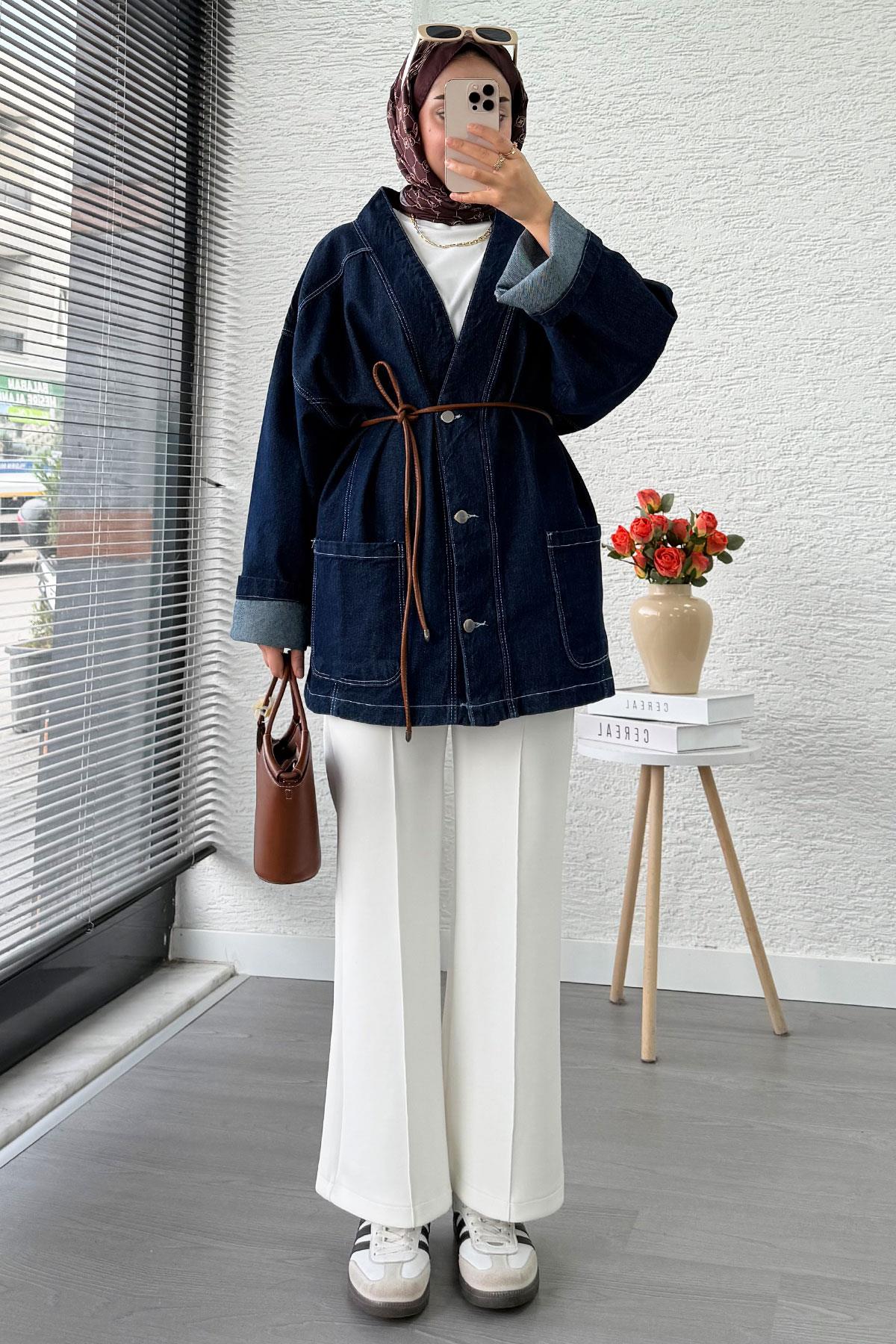Oversize Önden Düğmeli Kadın Kot Ceket – Koyu Mavi
