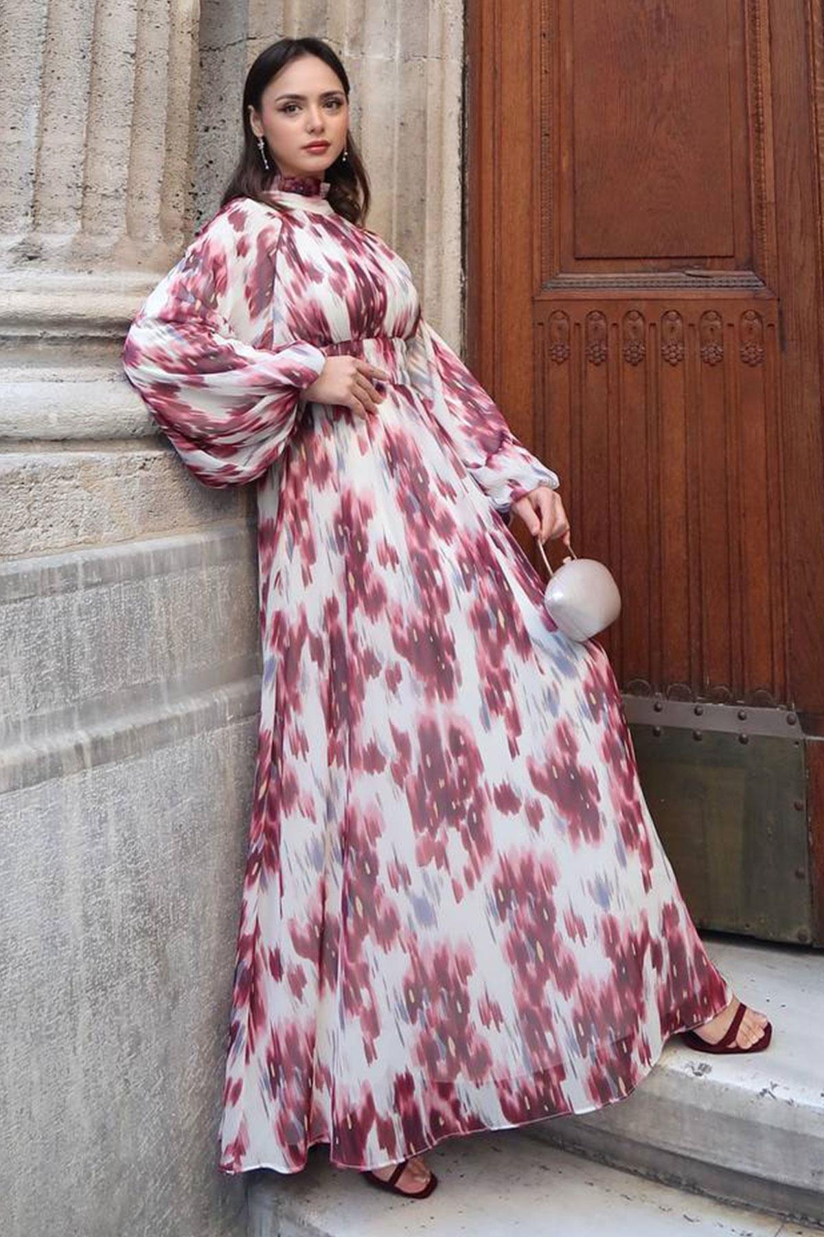 Pastel Desen Şifon Elbise-Bordo