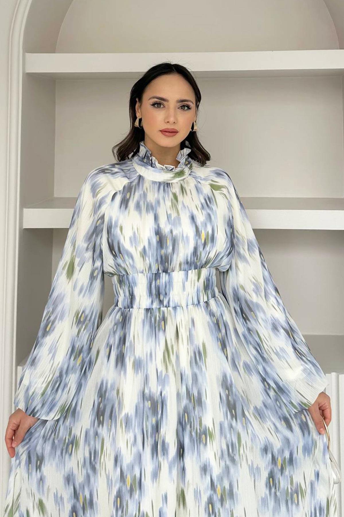 Pastel Desen Şifon Elbise-Mavi
