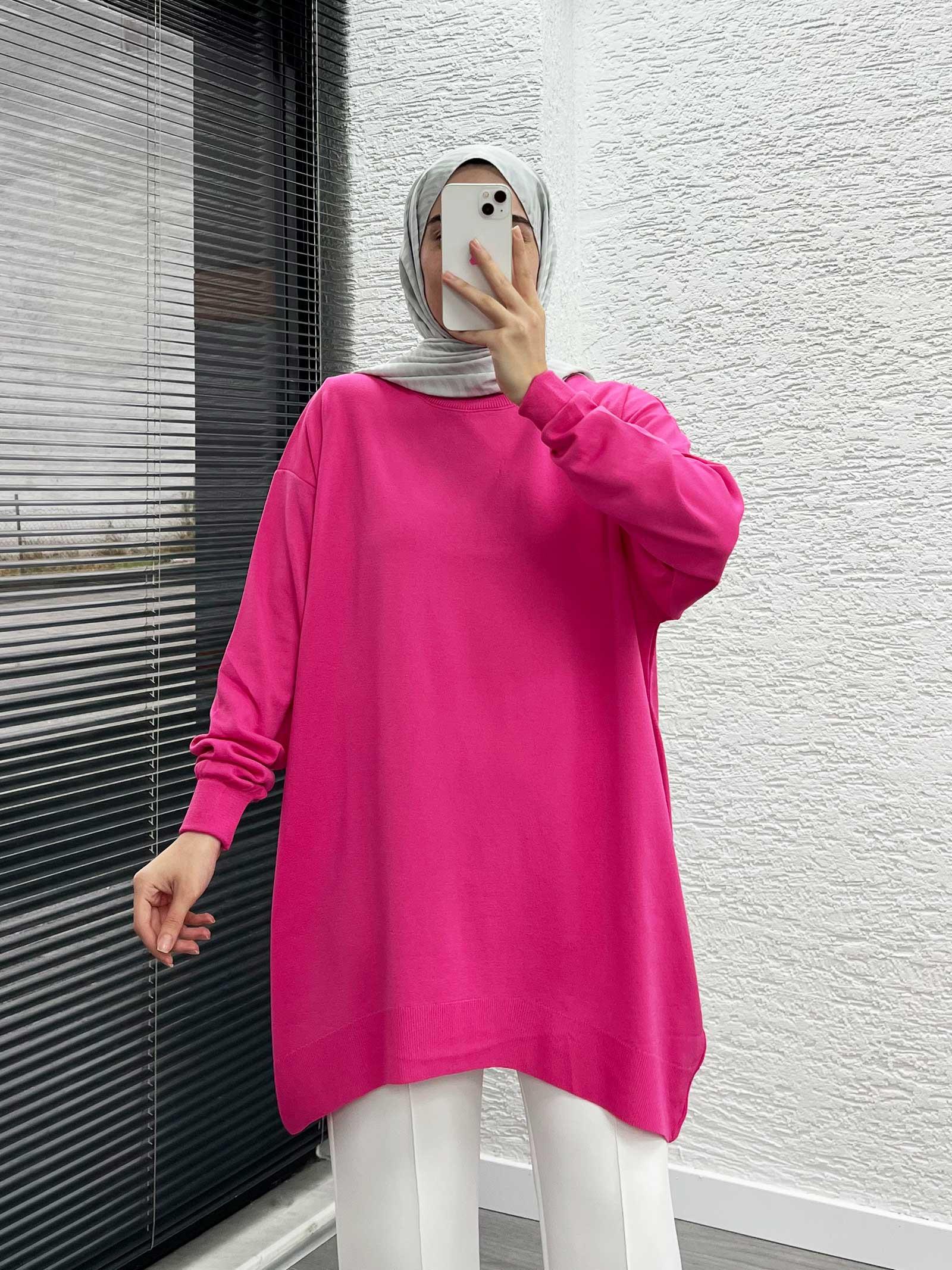 Pembe Alt Oval Kesim Merserize Kadın Kazak